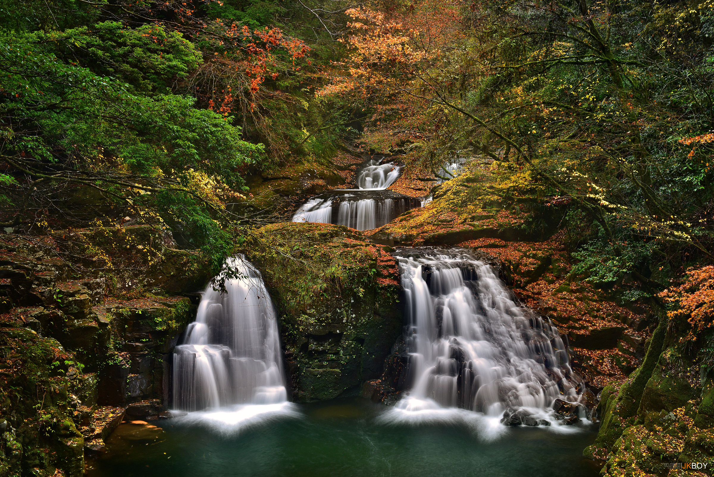 Скачать обои бесплатно Осень, Водопады, Водопад, Лес, Дерево, Япония, Ландшафт, Земля/природа картинка на рабочий стол ПК