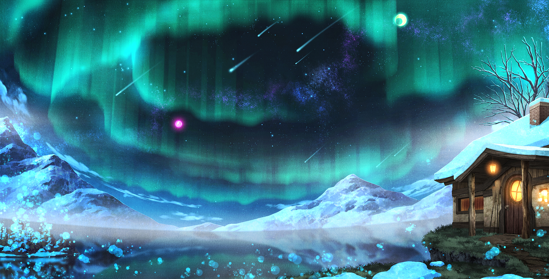 900316 скачать обои снег, северное сияние, гора, падающая звезда, аниме, оригинал, дом, ландшафт, ночь - заставки и картинки бесплатно