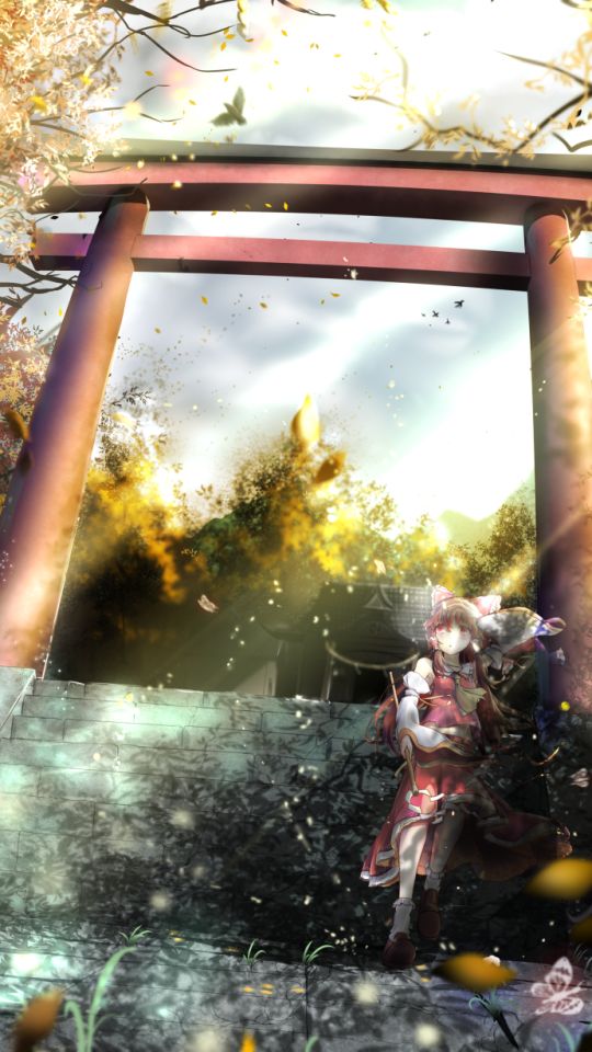 Download mobile wallpaper Anime, Landscape, Nature, Sky, Sun, Tree, Cloud, Touhou, Reimu Hakurei for free.