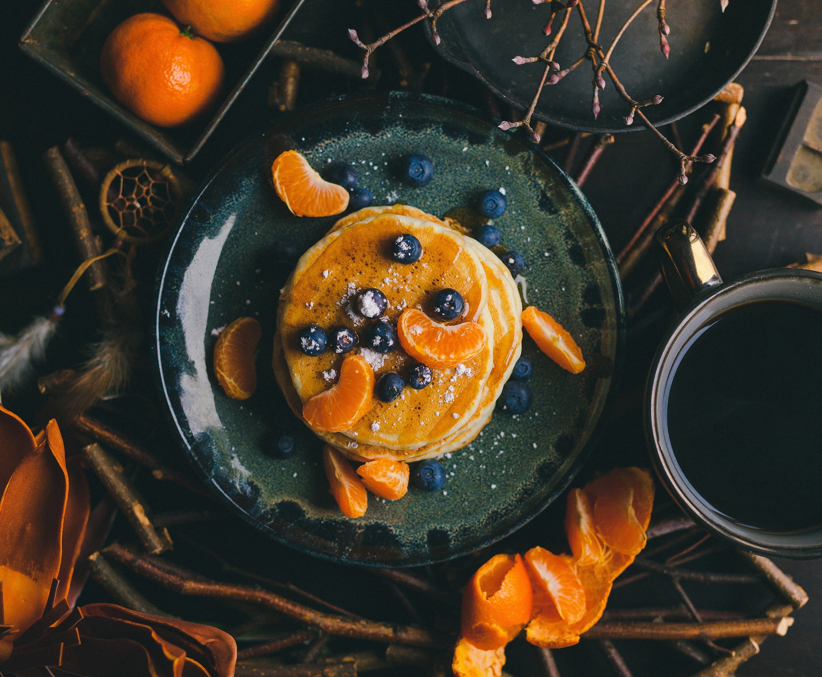 food, pancake, blueberry, breakfast, fruit, still life, tangerine lock screen backgrounds