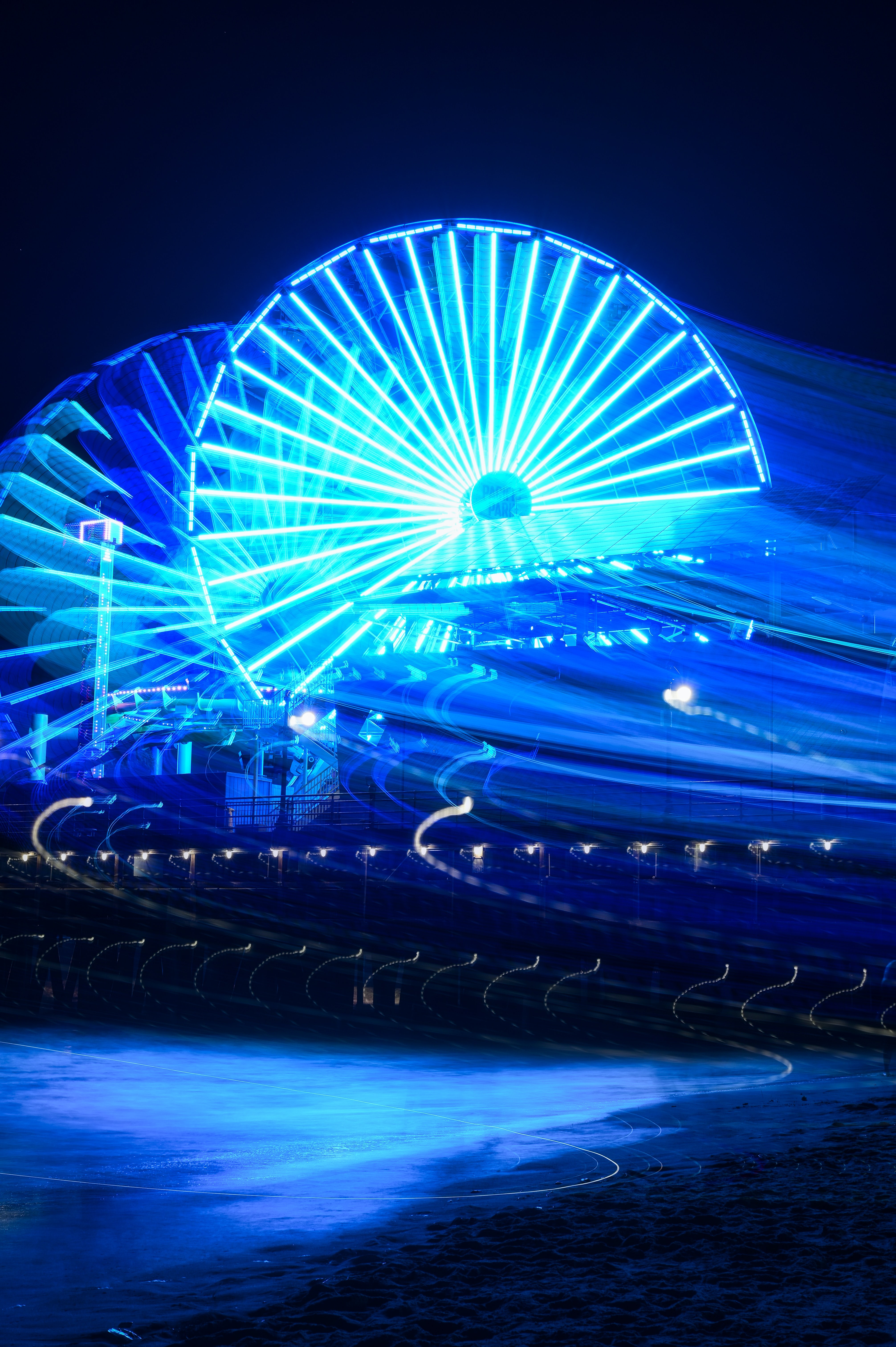 blue, dark, long exposure, backlight, illumination, ferris wheel, attraction