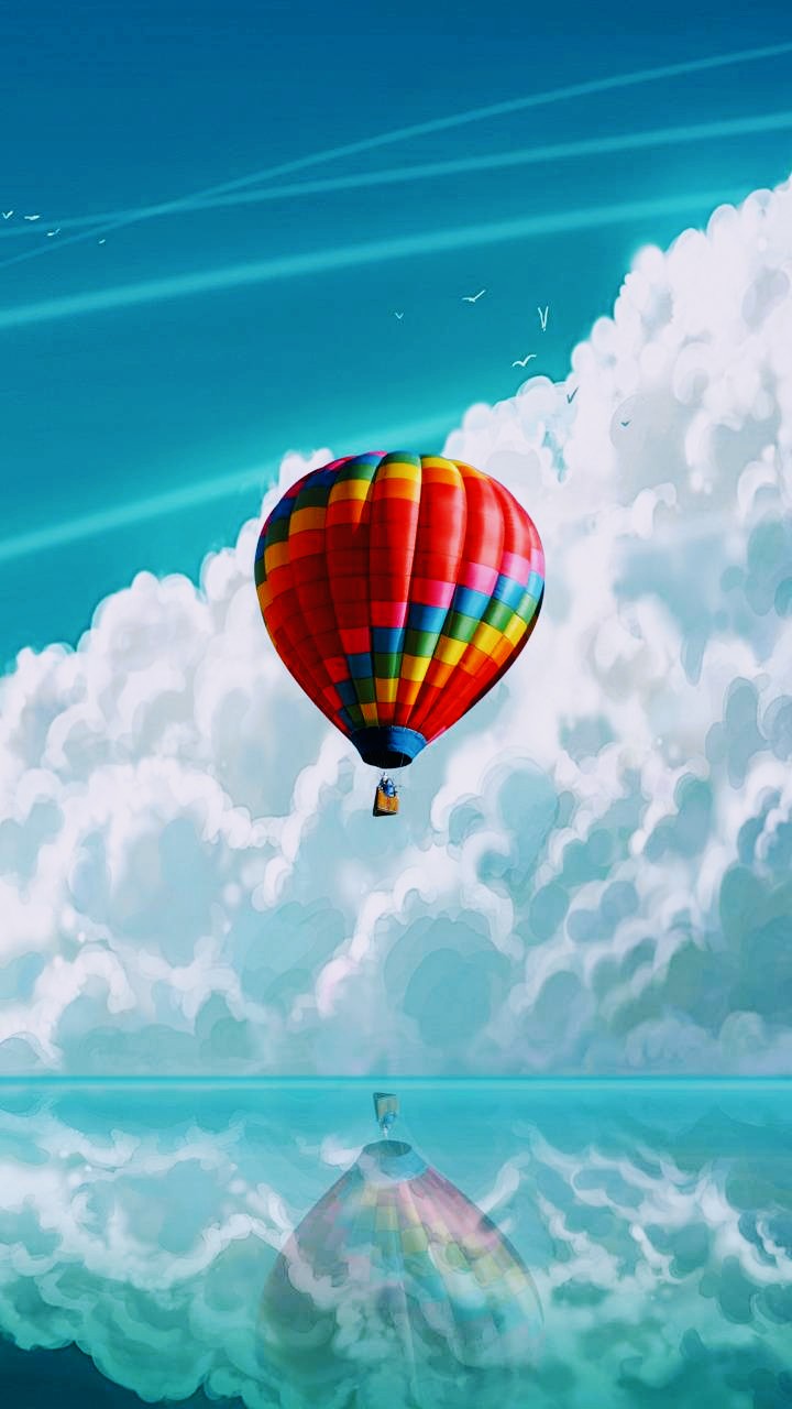 Download mobile wallpaper Water, Reflection, Cloud, Vehicle, Vehicles, Hot Air Balloon for free.