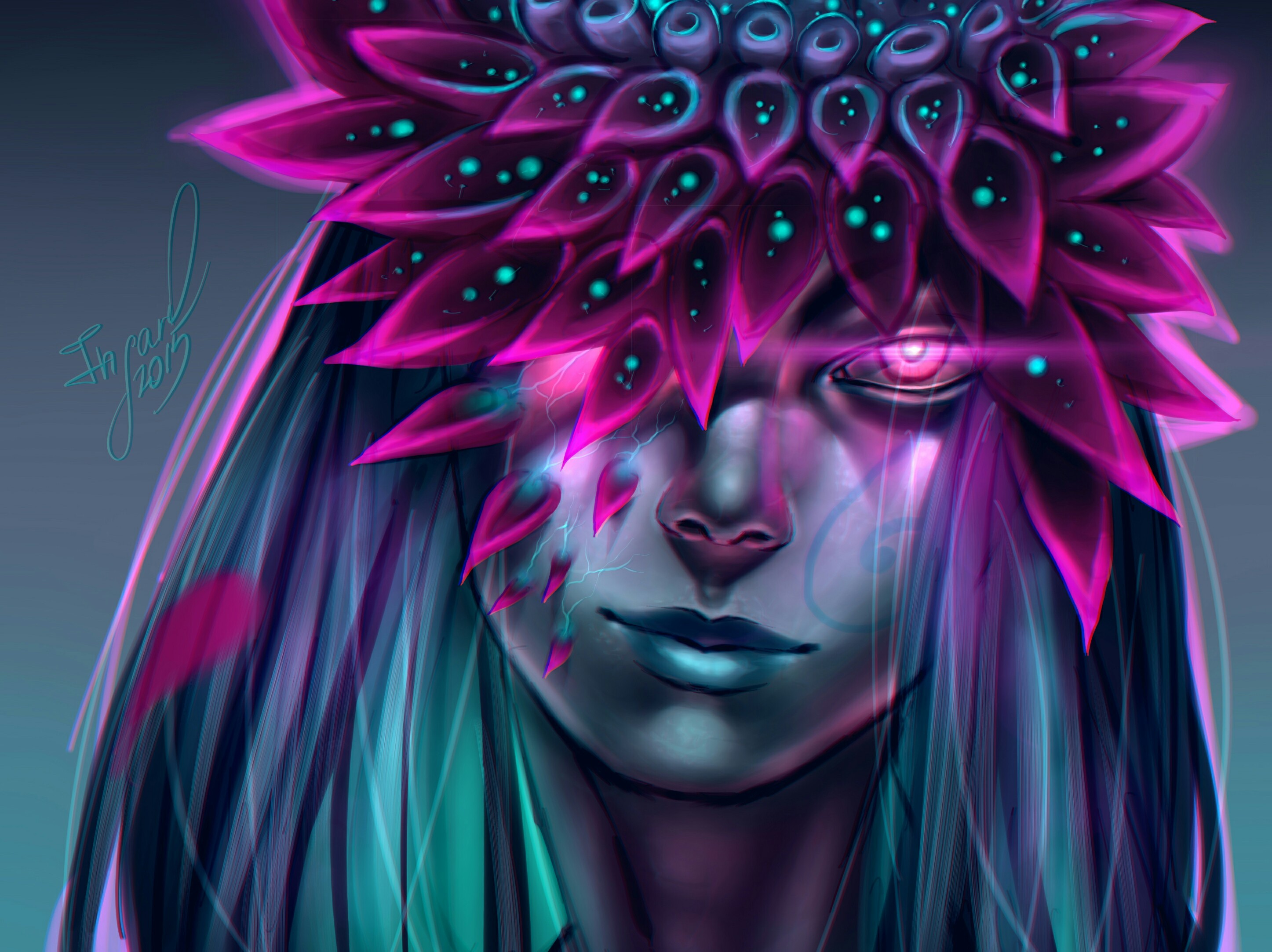 Free download wallpaper Fantasy, Men, Purple, Face, Blue Hair, Purple Eyes on your PC desktop