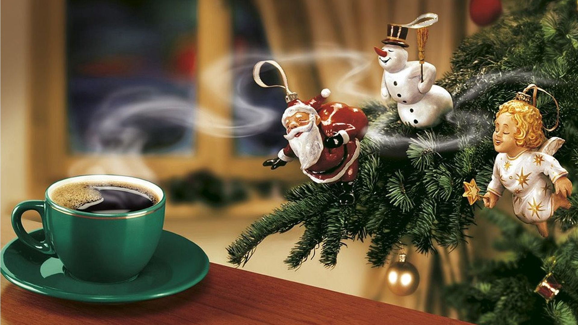 59759 скачать картинку кофе, елка, снеговик, дед мороз, новый год, еда, ангел - обои и заставки бесплатно