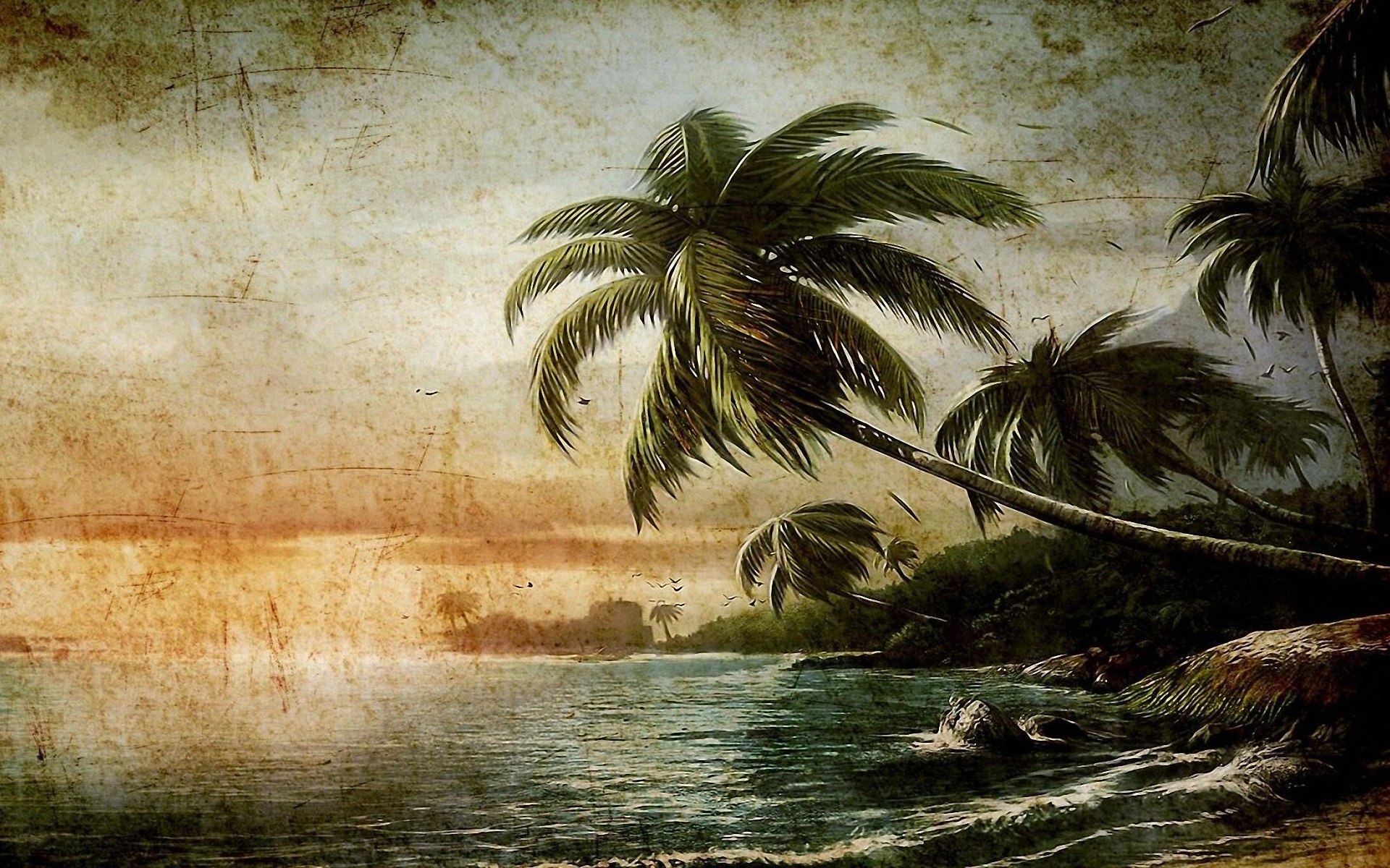 Скачать картинку Пейзаж, Пальмы, Пляж, Рисунки в телефон бесплатно.