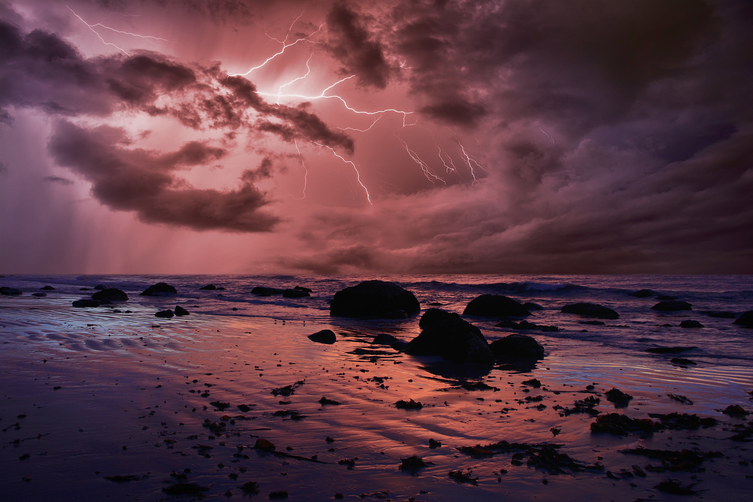 Download mobile wallpaper Nature, Lightning, Horizon, Ocean, Earth, Storm, Cloud for free.