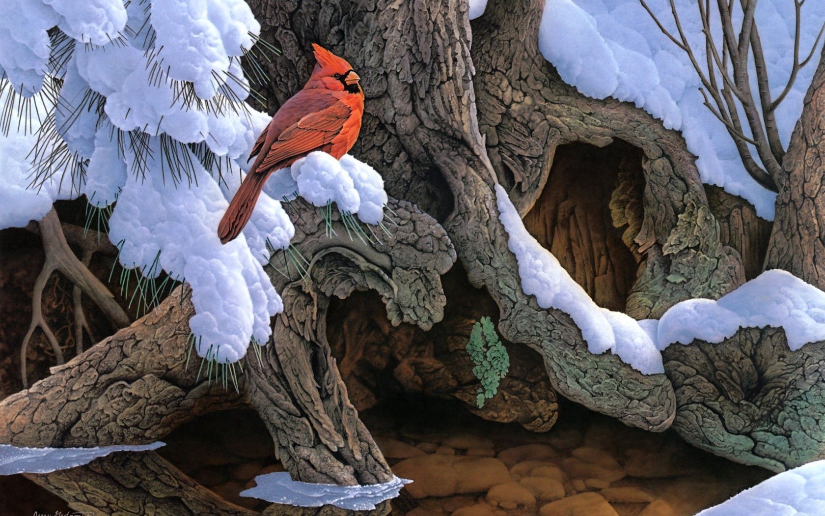 Laden Sie das Holz, Malerei, Kardinal, Kunst, Schnee, Baum, Vogel, Winter-Bild kostenlos auf Ihren PC-Desktop herunter