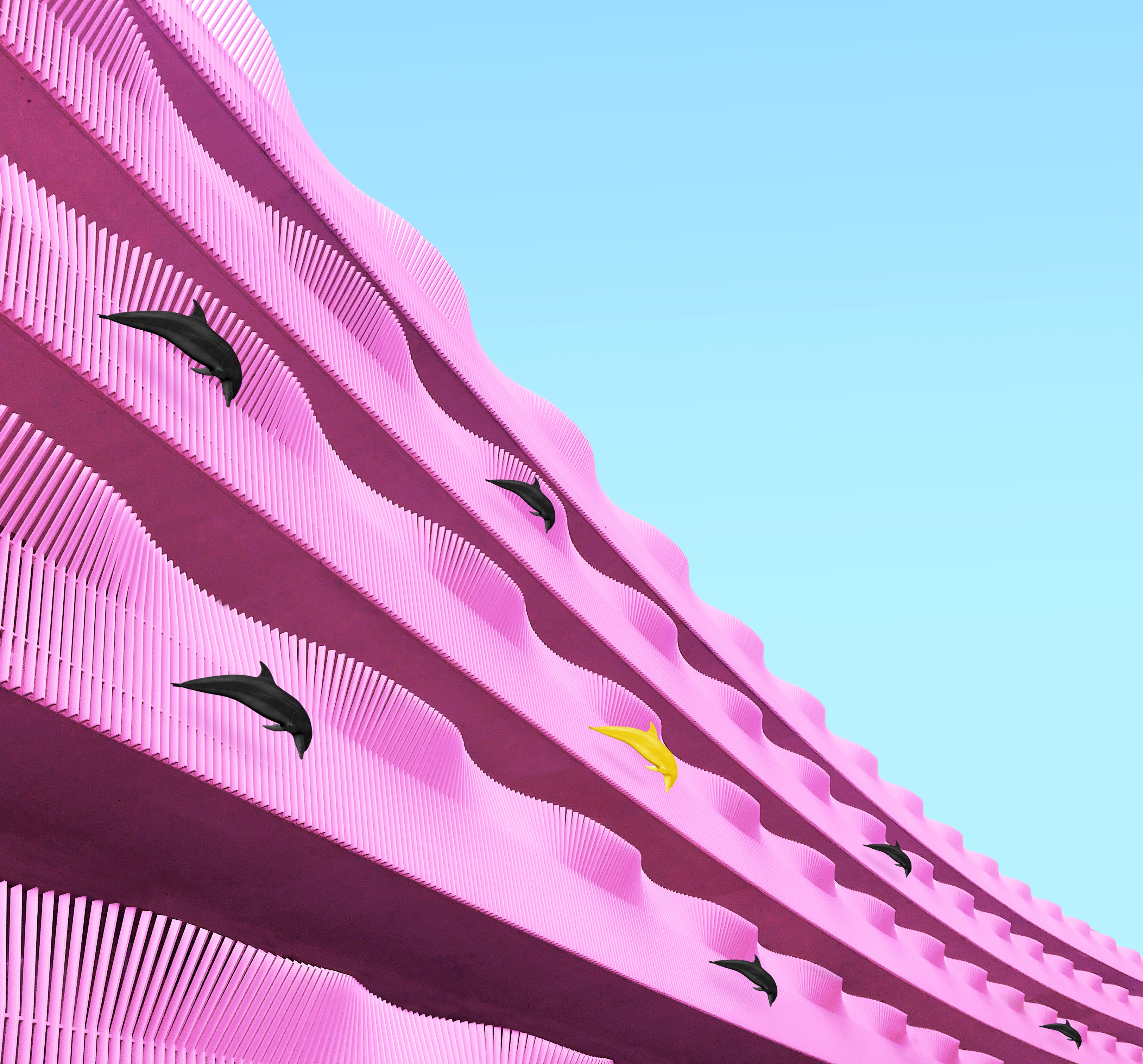 Free download wallpaper Dolfins, Pink, Building, Miscellanea, Miscellaneous, Wavy, Facade, Architecture on your PC desktop