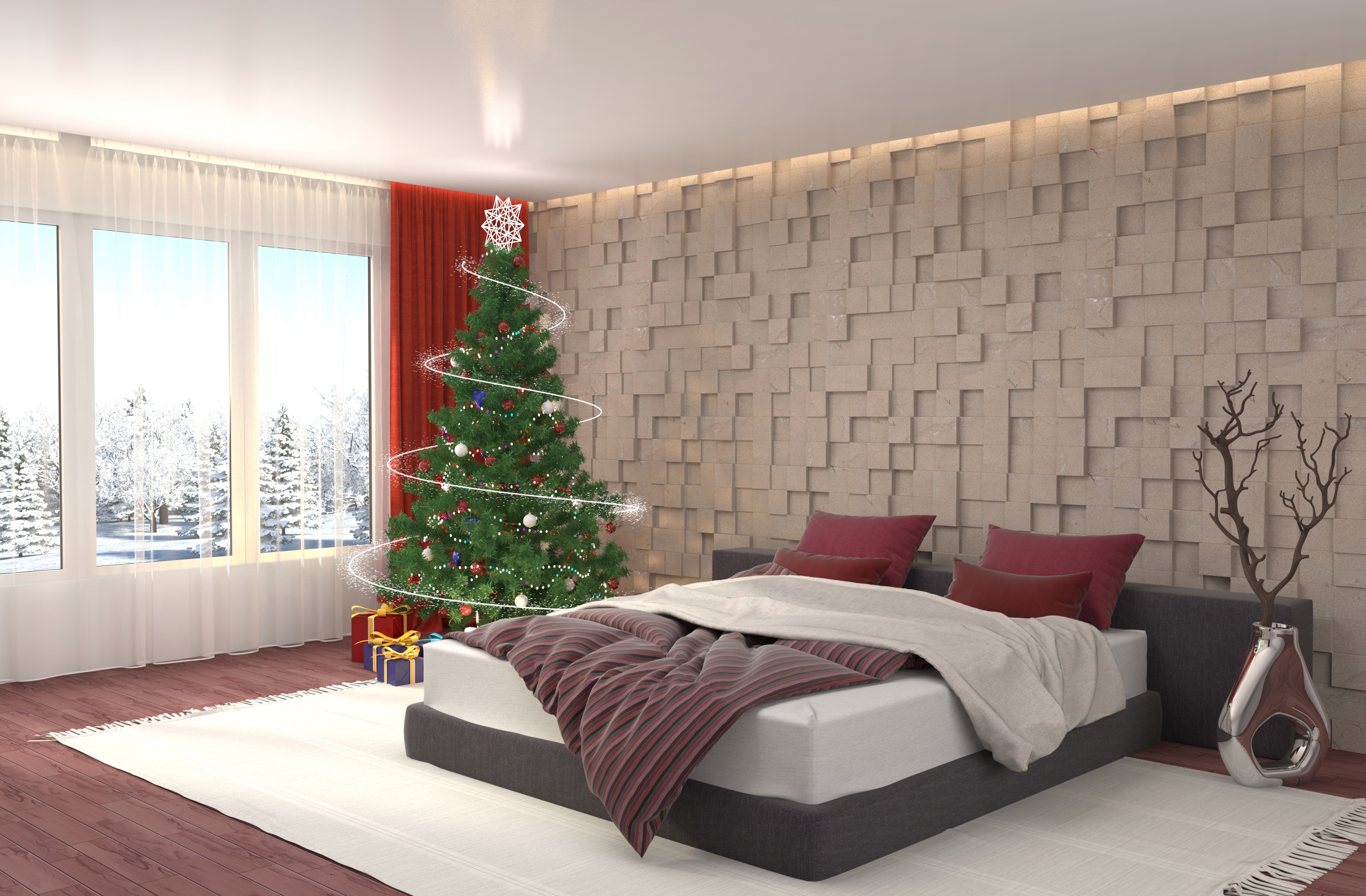 Download mobile wallpaper Christmas, Holiday, Christmas Tree, Furniture, Decoration, Bedroom for free.