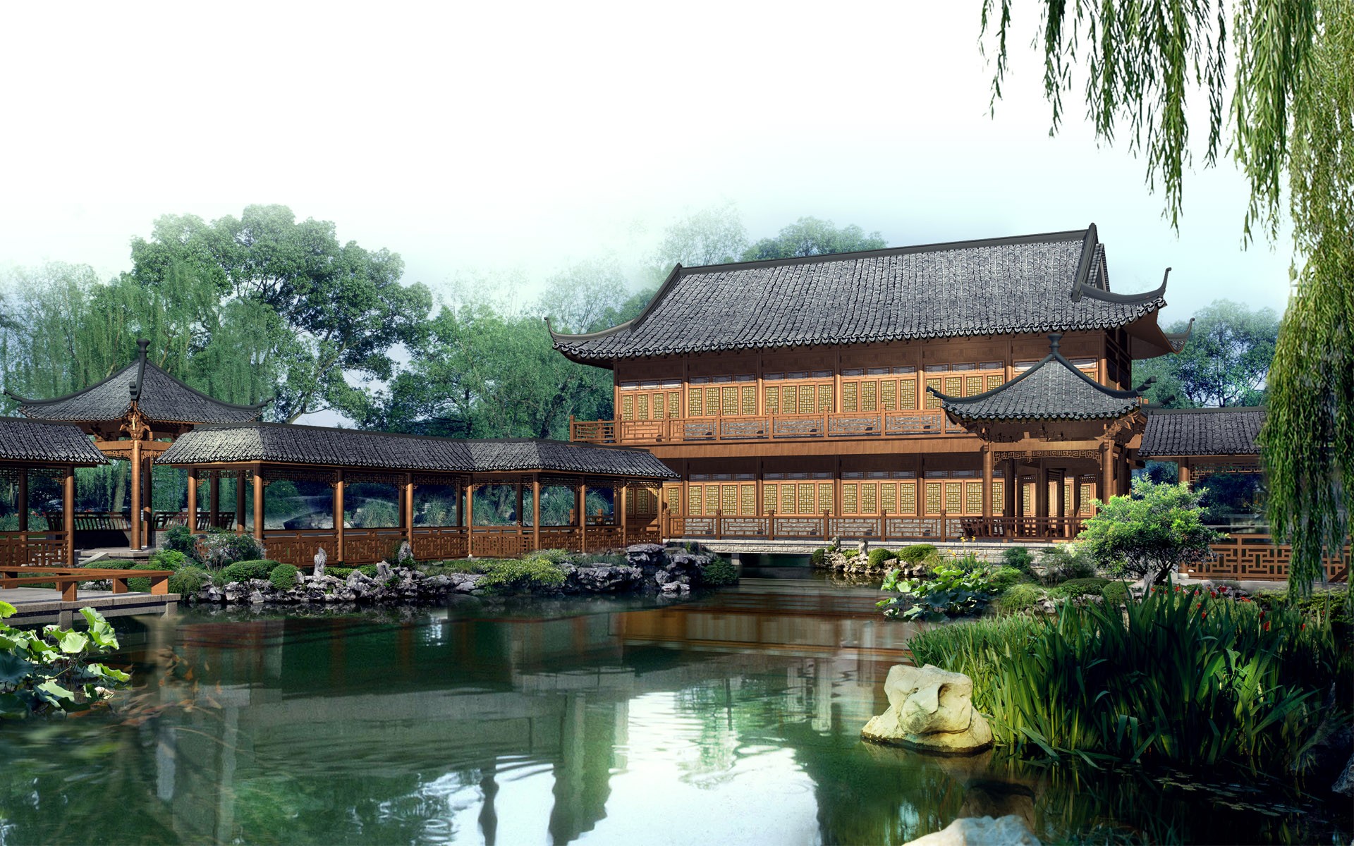 891106 baixar papel de parede artistico, oriental, construção, jardim, pagode, lago, vegetação, água - protetores de tela e imagens gratuitamente