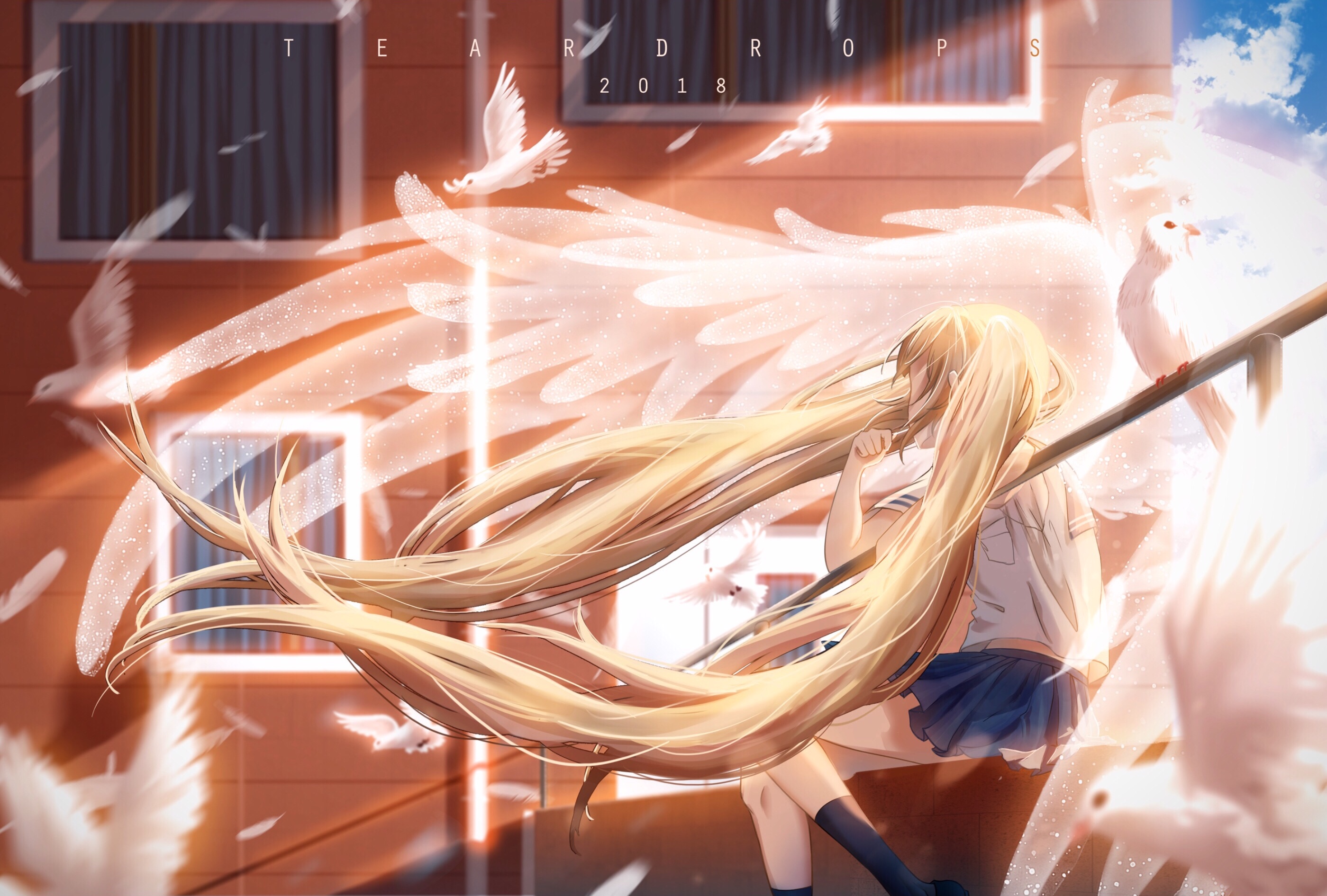 Free download wallpaper Anime, Feather, Bird, Blonde, Original, Long Hair, Twintails on your PC desktop