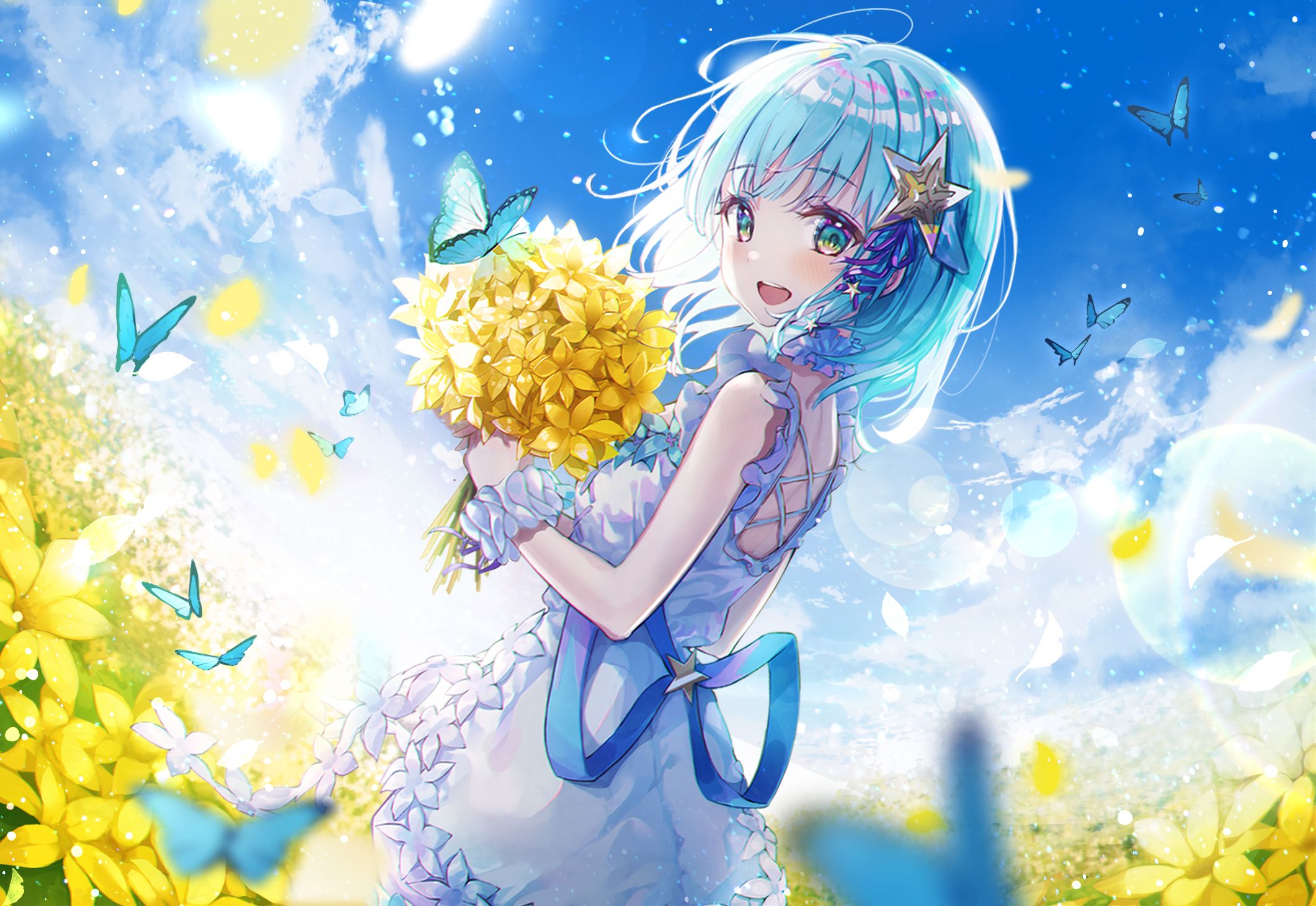 Download mobile wallpaper Anime, Flower, Butterfly, Girl, Aqua Hair for free.