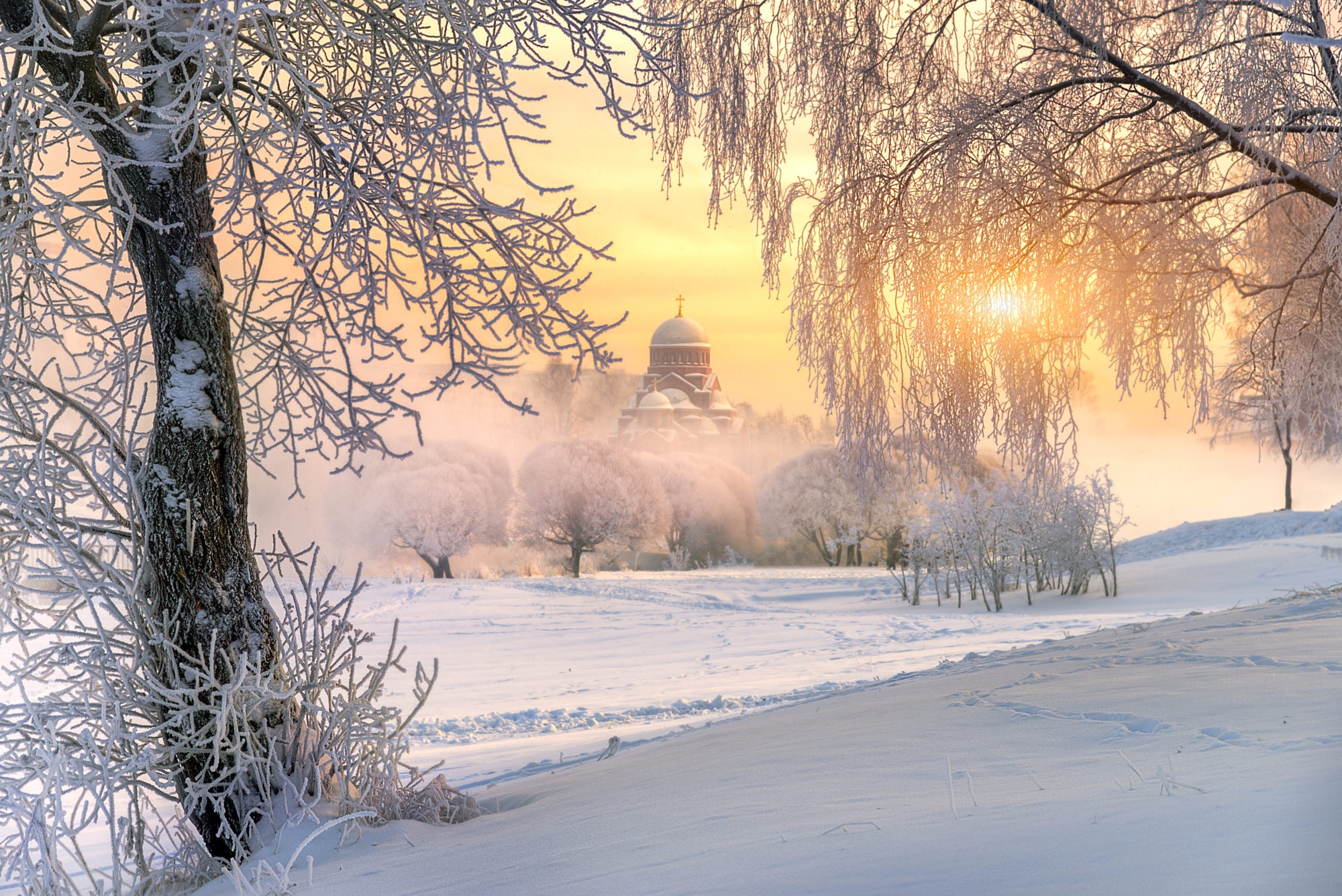 Download mobile wallpaper Winter, Snow, Dawn, Park, Fog, Church, Photography for free.