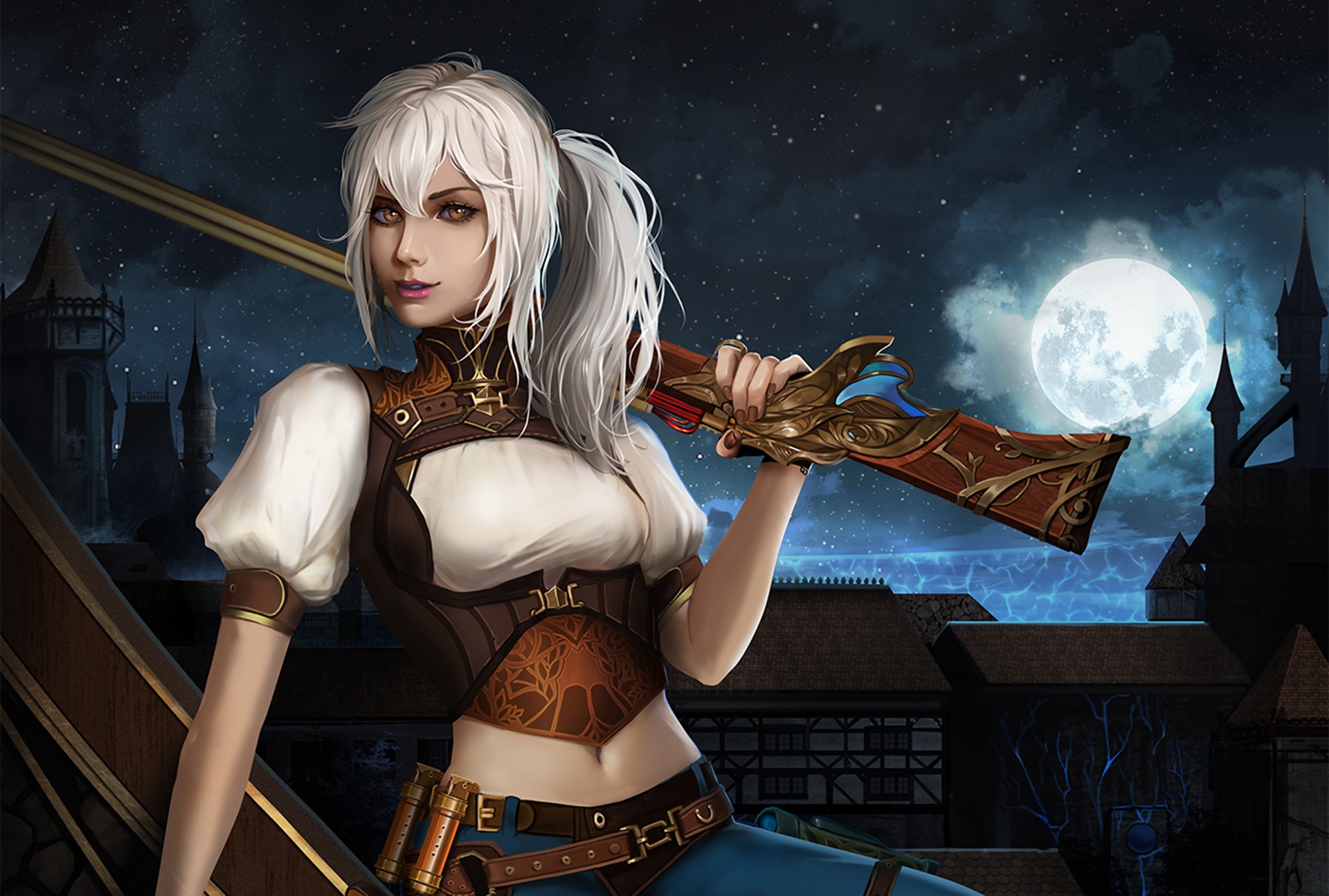 Download mobile wallpaper Fantasy, Night, Moon, Gun, Women Warrior, White Hair, Woman Warrior, Orange Eyes, Ponytail for free.