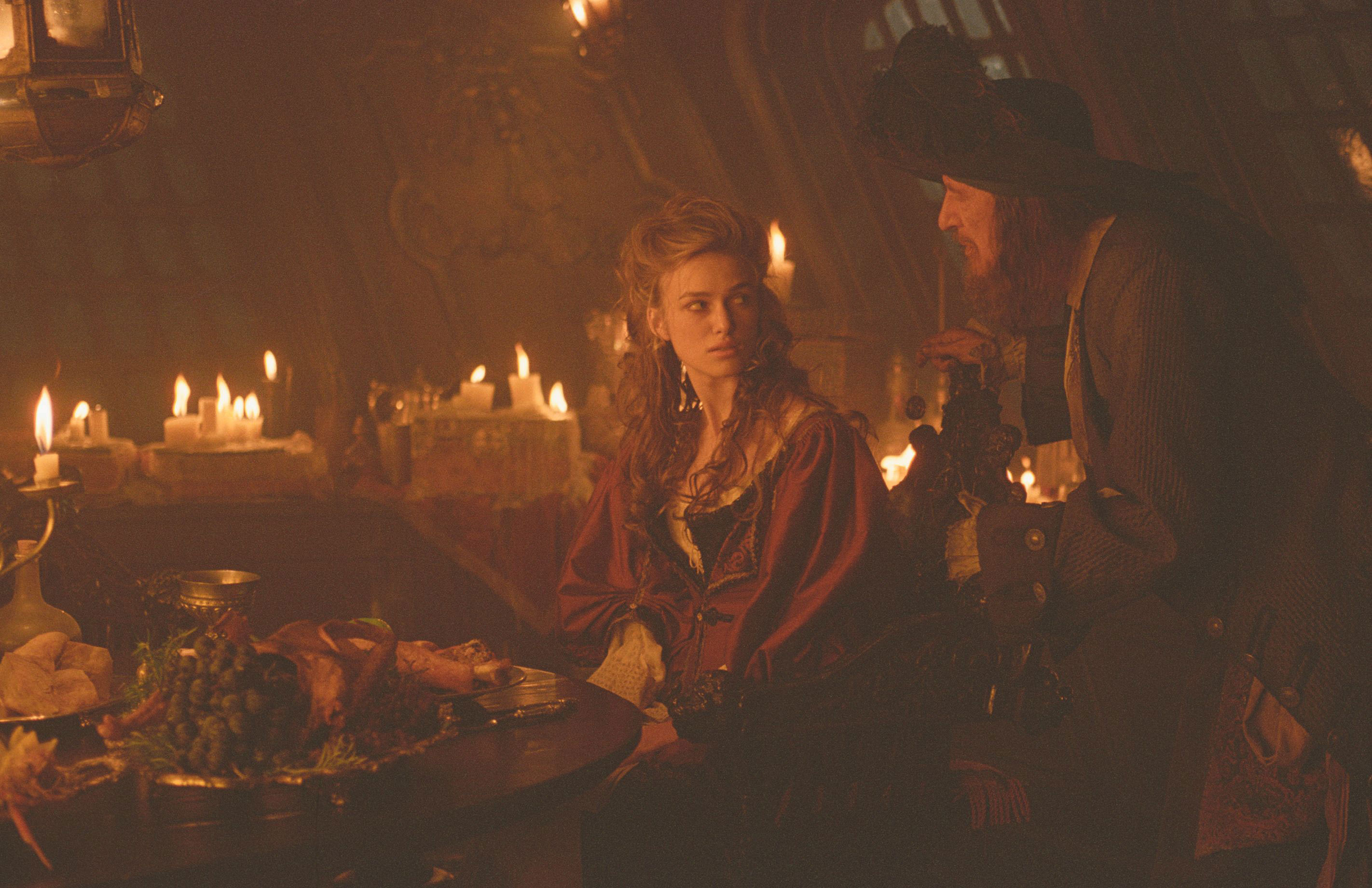 movie, pirates of the caribbean: the curse of the black pearl, elizabeth swann, geoffrey rush, hector barbossa, keira knightley, pirates of the caribbean