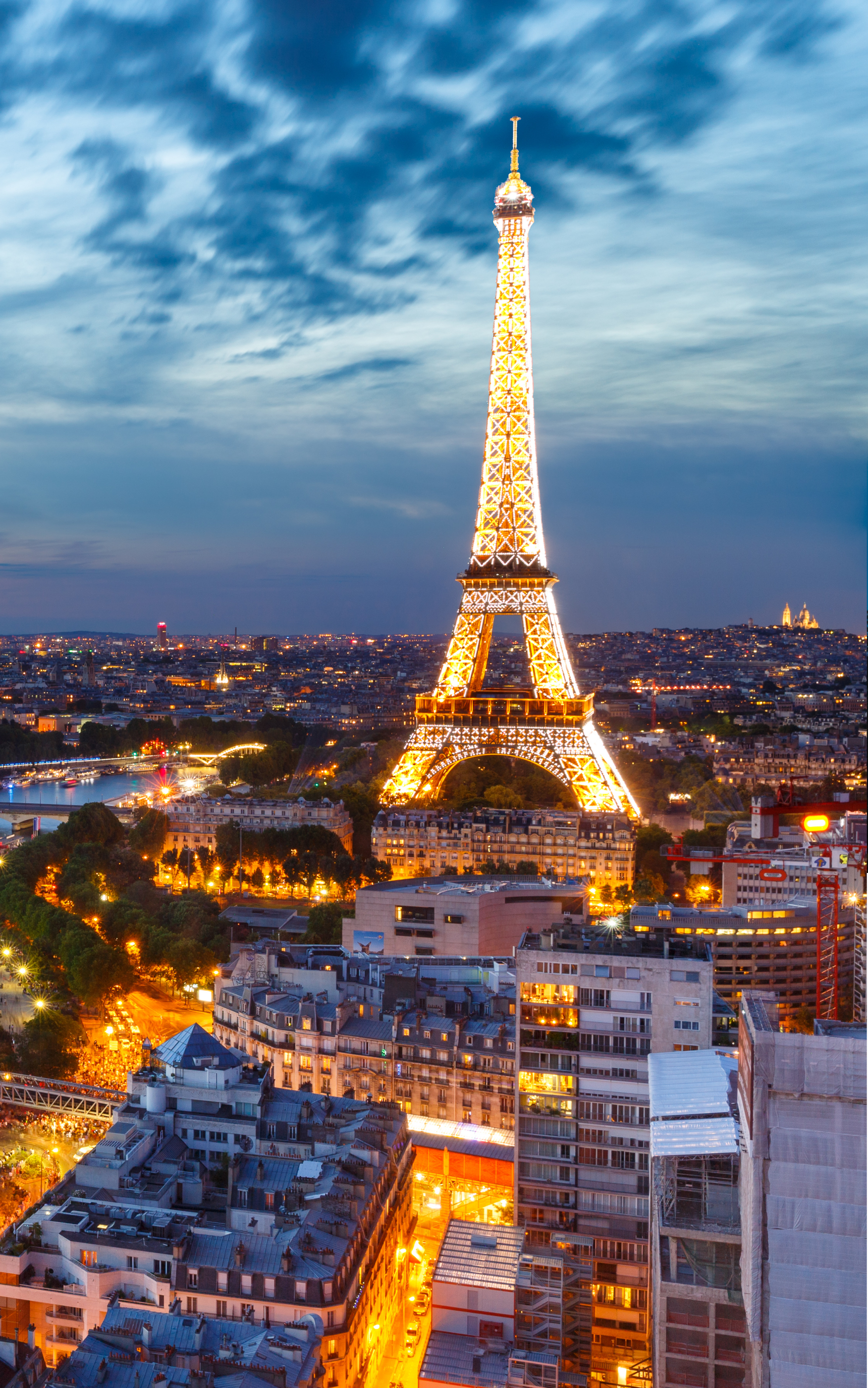 Download mobile wallpaper Cities, Sky, Night, Paris, Eiffel Tower, City, Building, Horizon, Light, France, Cityscape, Man Made for free.