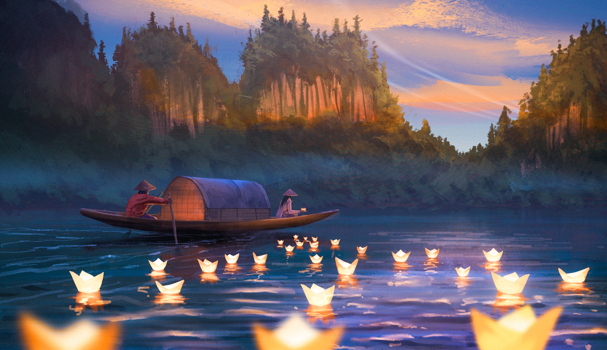 Free download wallpaper Landscape, Fantasy, Mountain, Boat on your PC desktop