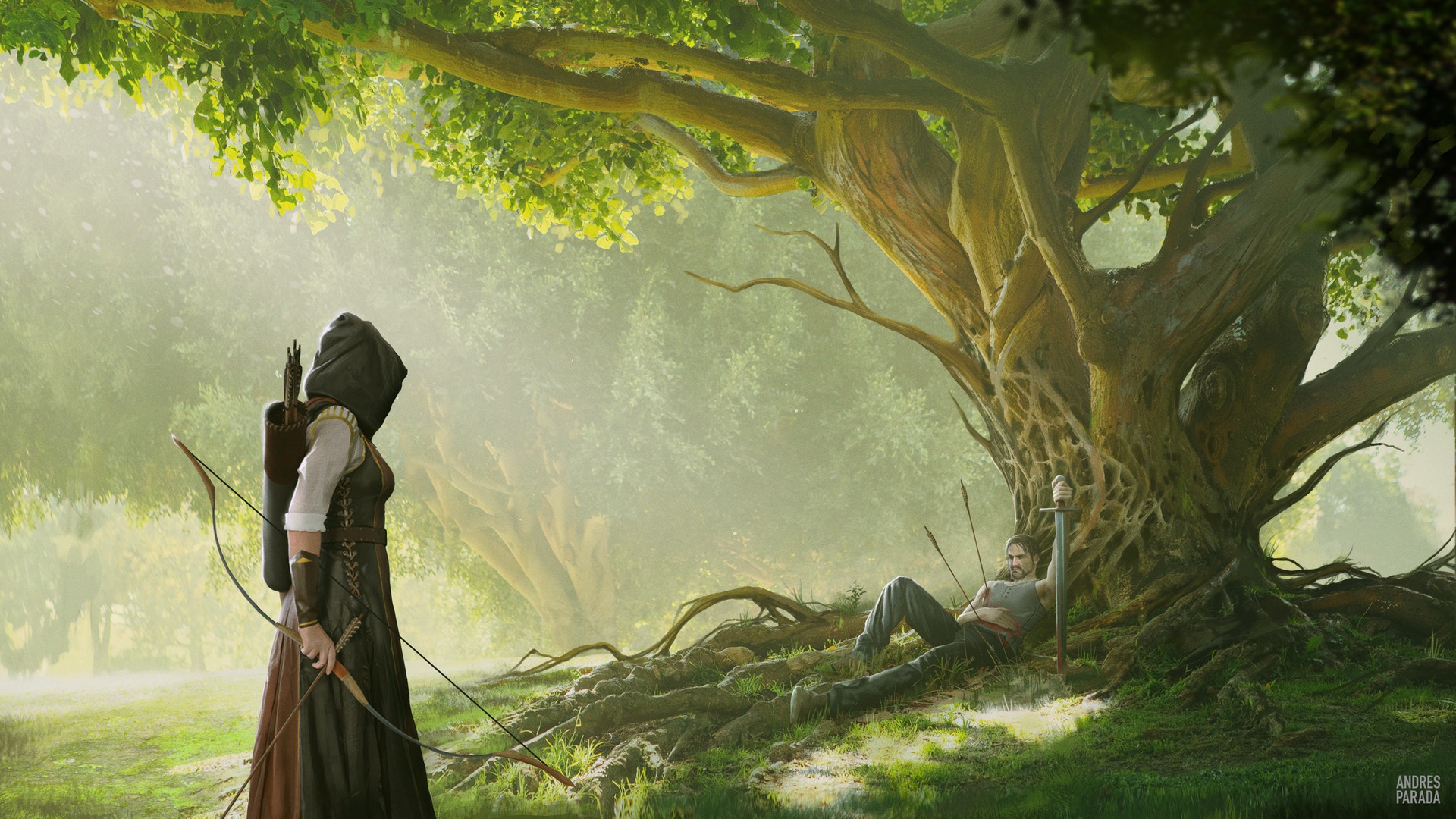 Download mobile wallpaper Fantasy, Tree, Bow, Sword, Archer, Woman Warrior for free.
