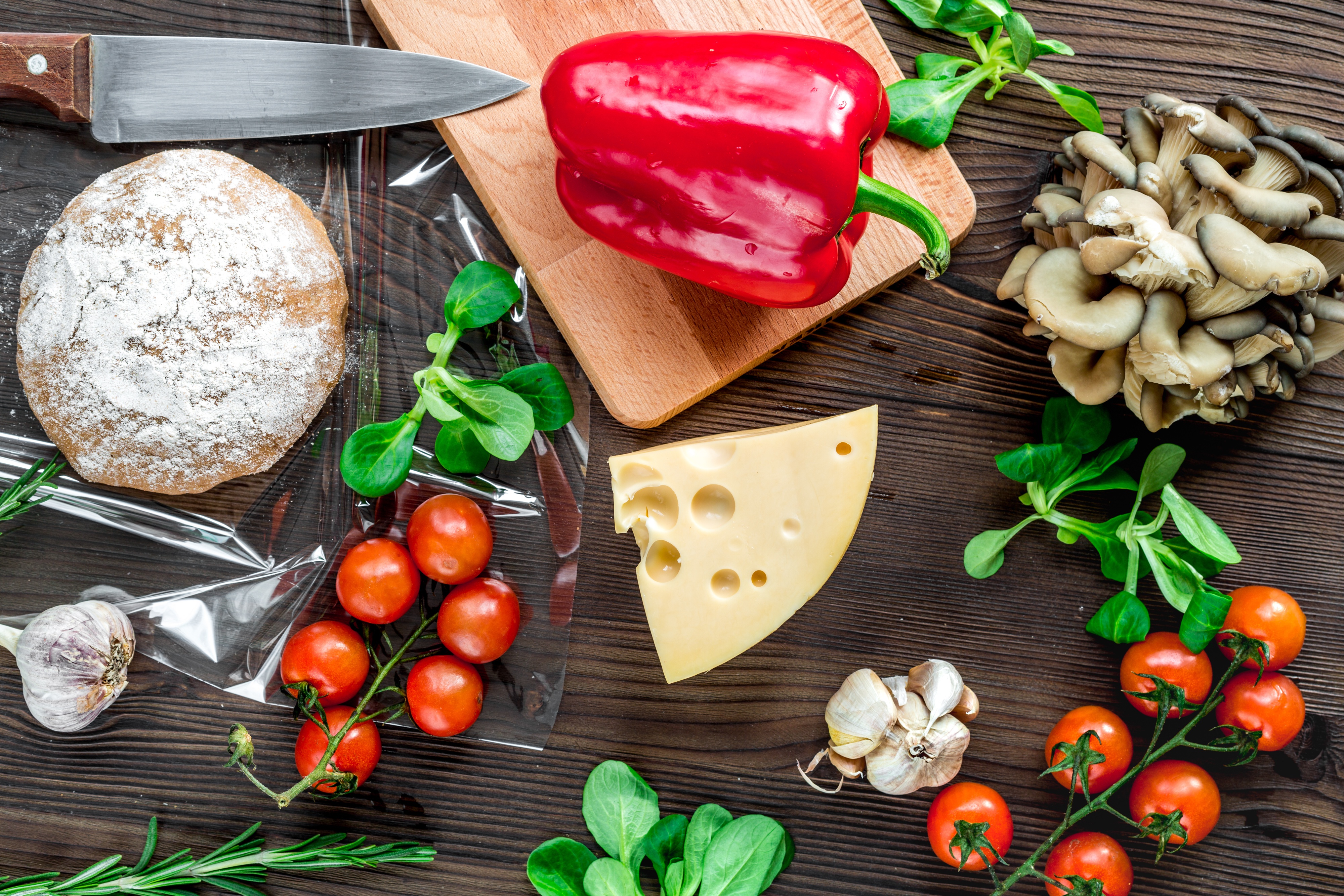 Laden Sie das Pfeffer, Pilz, Tomate, Käse, Nahrungsmittel, Stillleben-Bild kostenlos auf Ihren PC-Desktop herunter