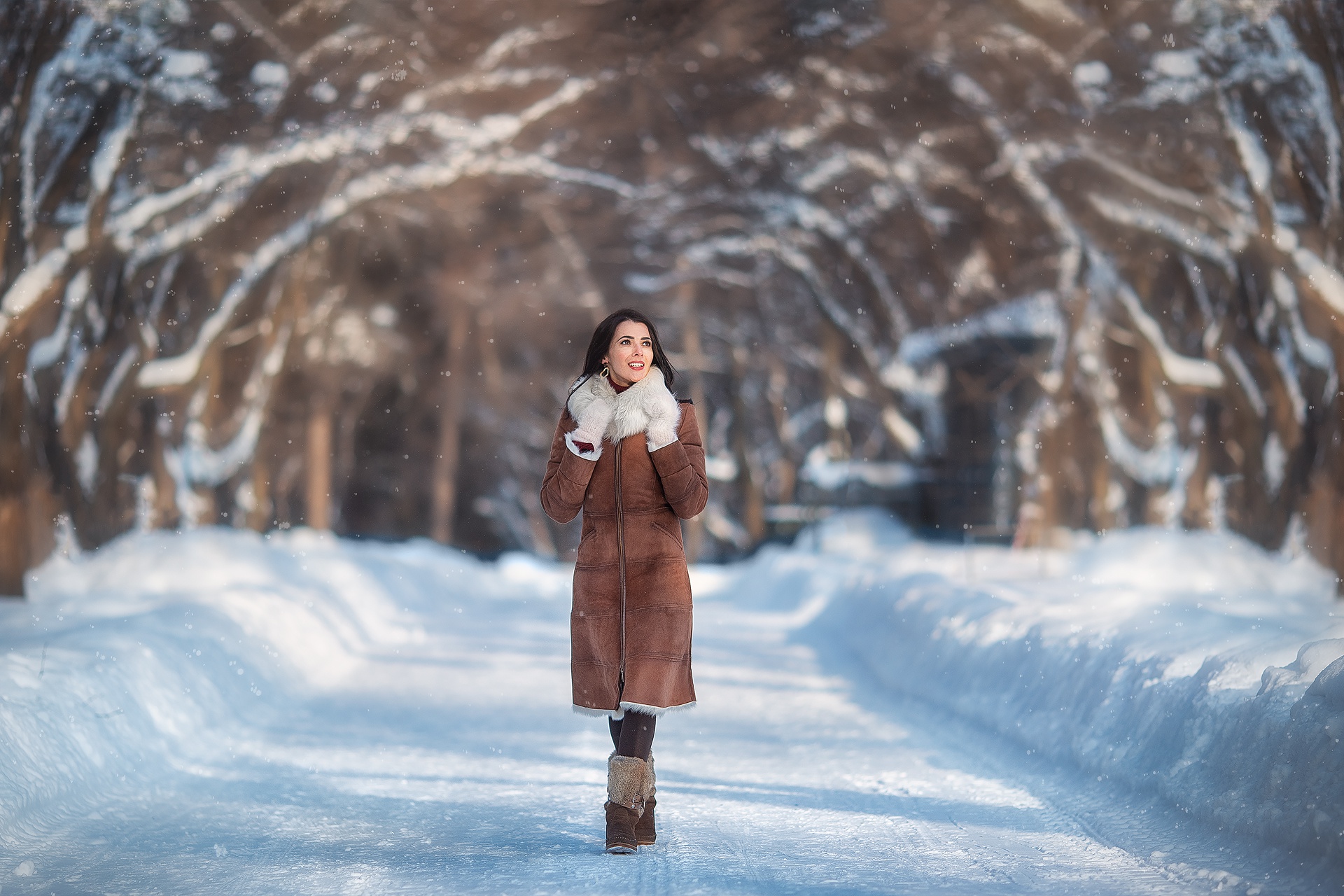 Download mobile wallpaper Winter, Snow, Coat, Model, Women, Depth Of Field for free.