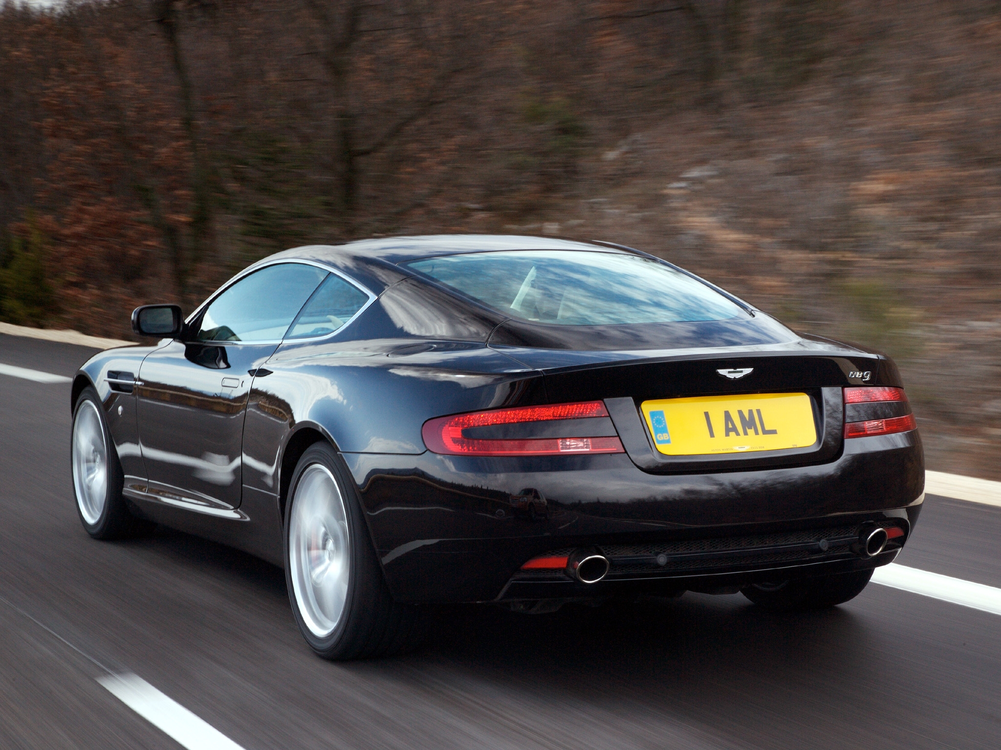 cars, auto, nature, trees, aston martin, black, back view, rear view, speed, style, db9, 2006
