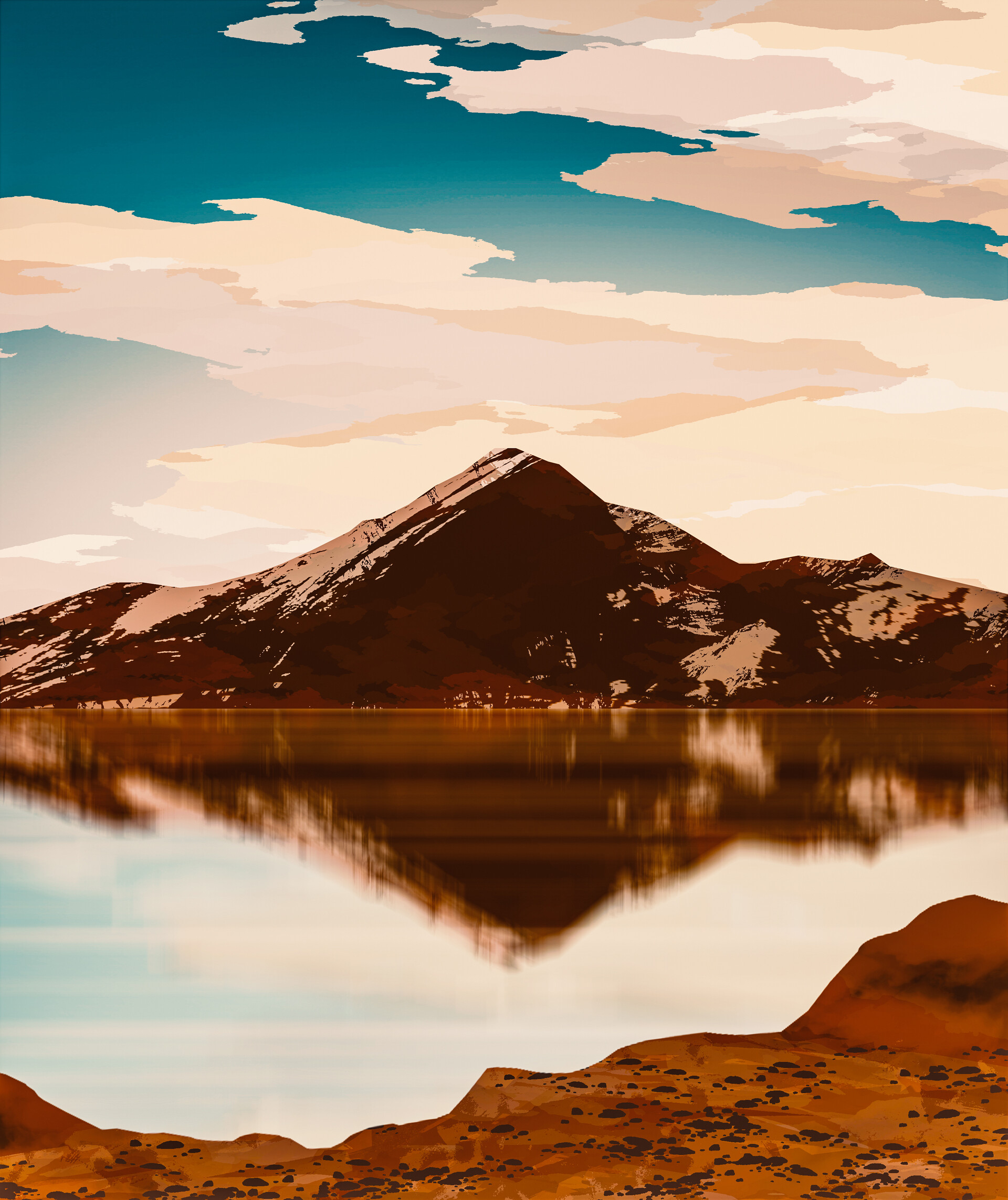 Download mobile wallpaper Sky, Rocks, Snow, Lake, Mountains, Art for free.