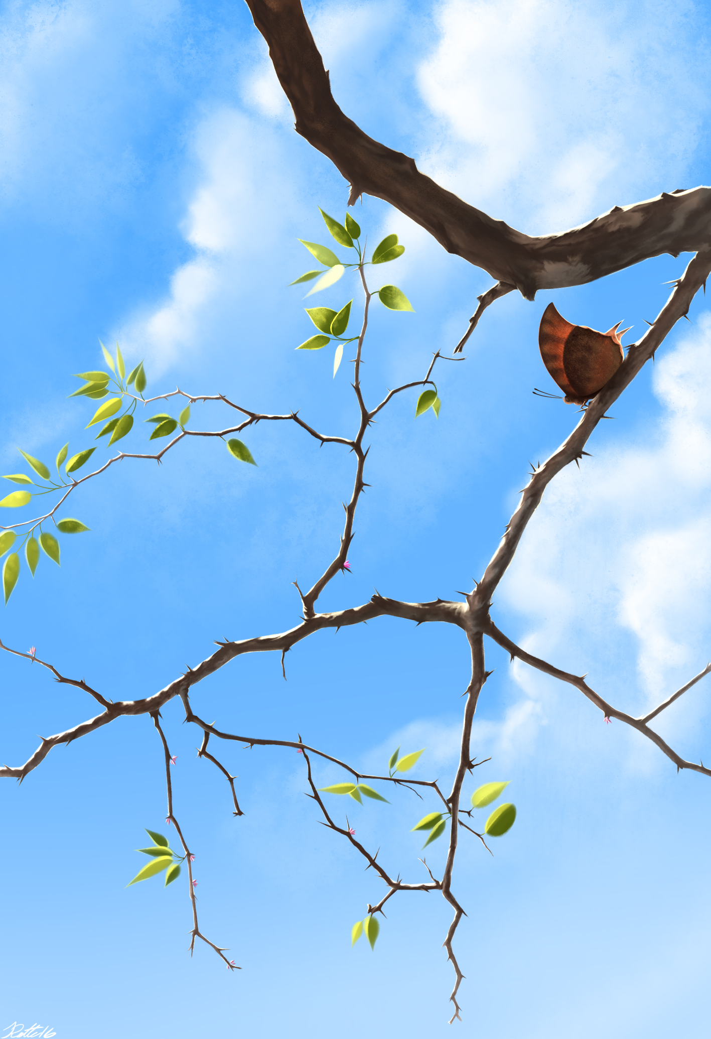 Download mobile wallpaper Branch, Sky, Clouds, Butterfly, Art for free.