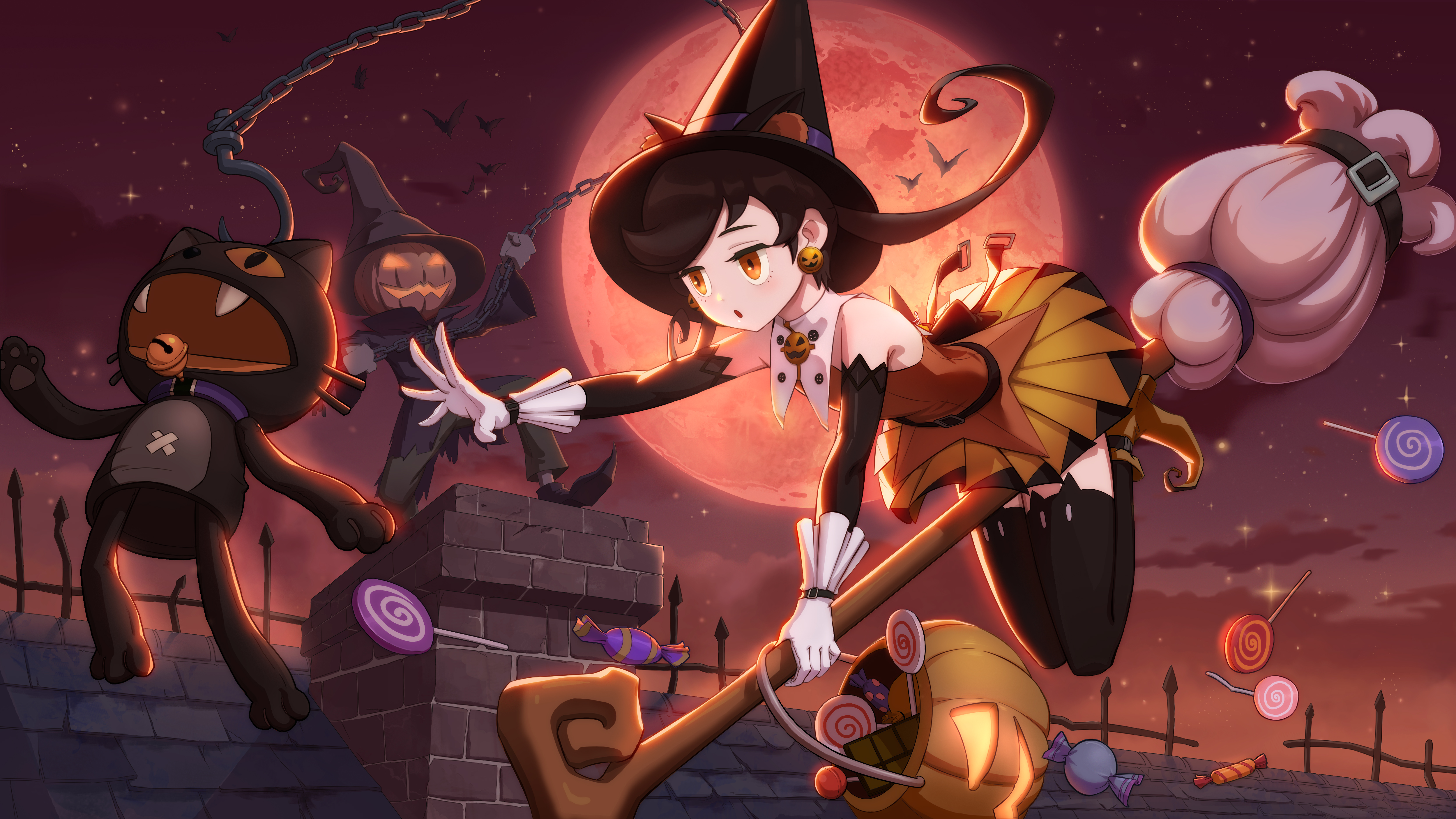 halloween, anime, witch, night, pumpkinhead, trick or treat