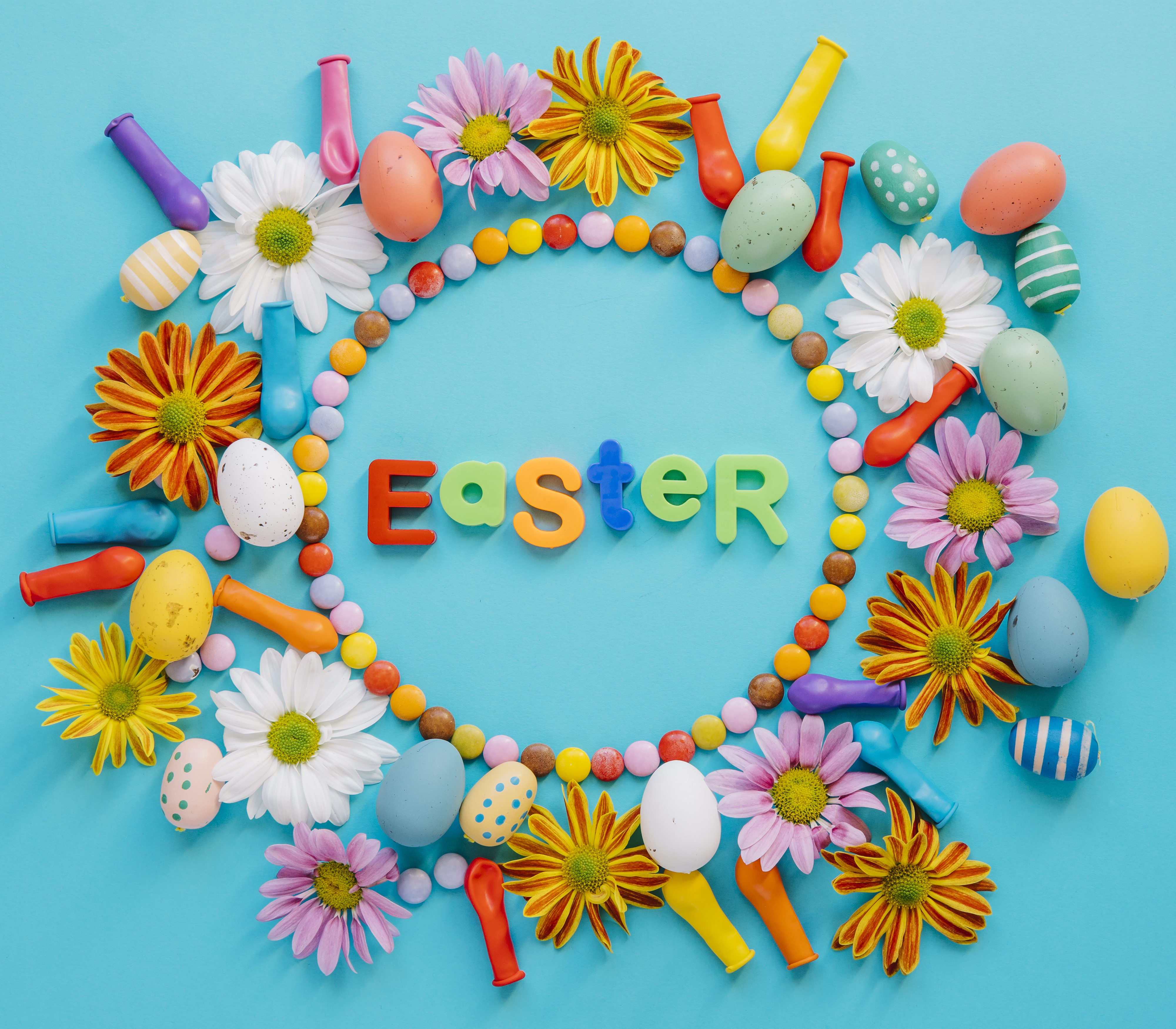 Download mobile wallpaper Easter, Still Life, Flower, Holiday, Colors, Candy, Easter Egg for free.