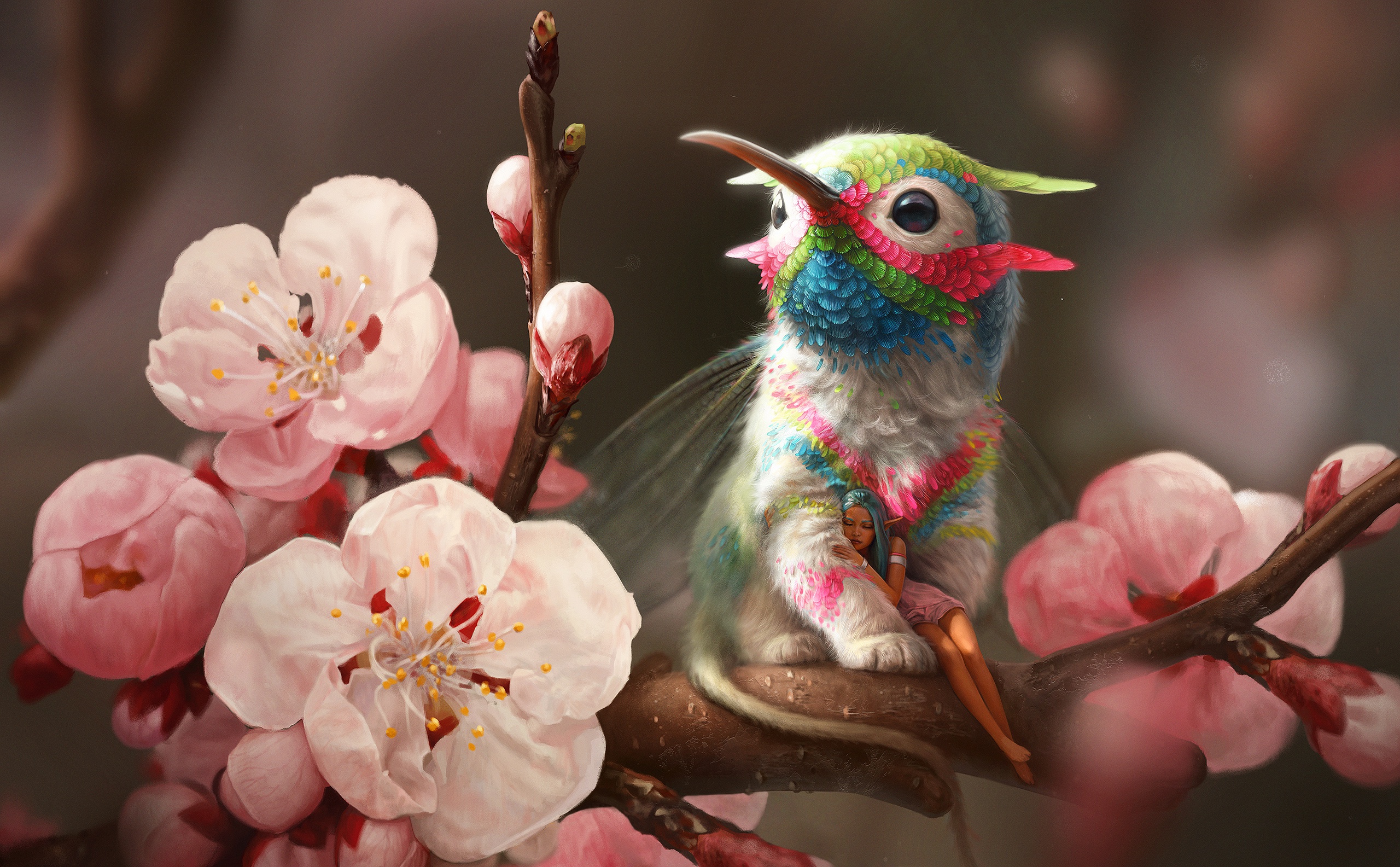 Free download wallpaper Fantasy, Creature, Fairy, Blossom, Blue Hair, Pointed Ears, Pink Flower on your PC desktop