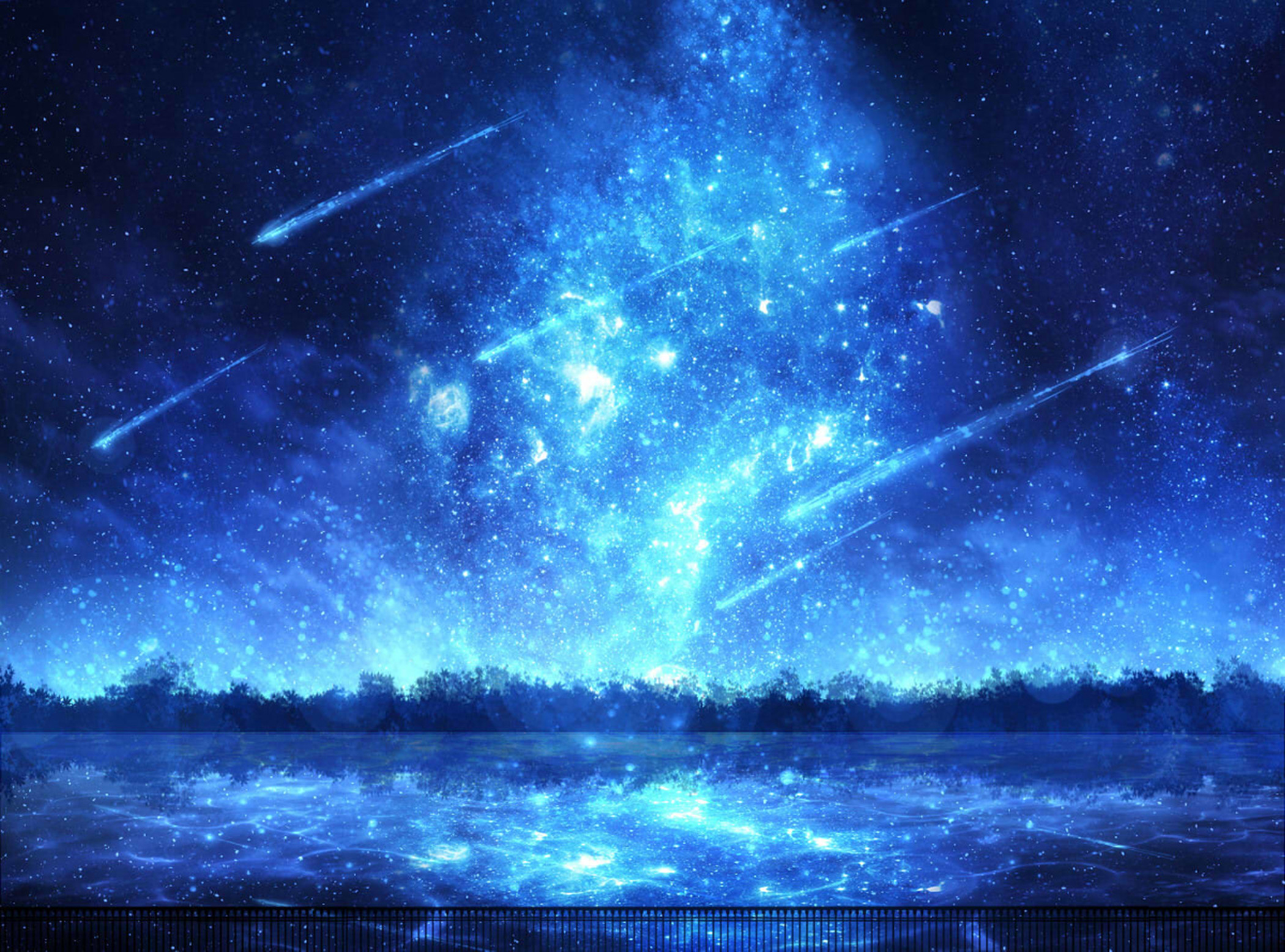 comet, aurora australis, anime, original, lake