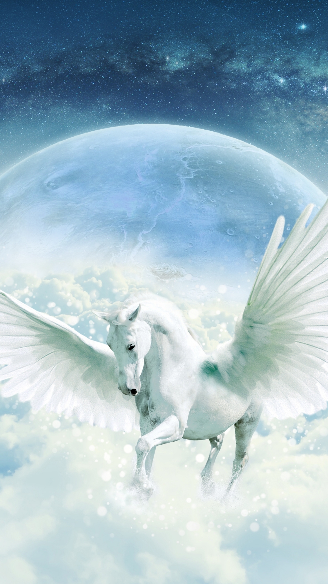 Download mobile wallpaper Fantasy, Stars, Moon, Planet, Cloud, Pegasus, Fantasy Animals for free.