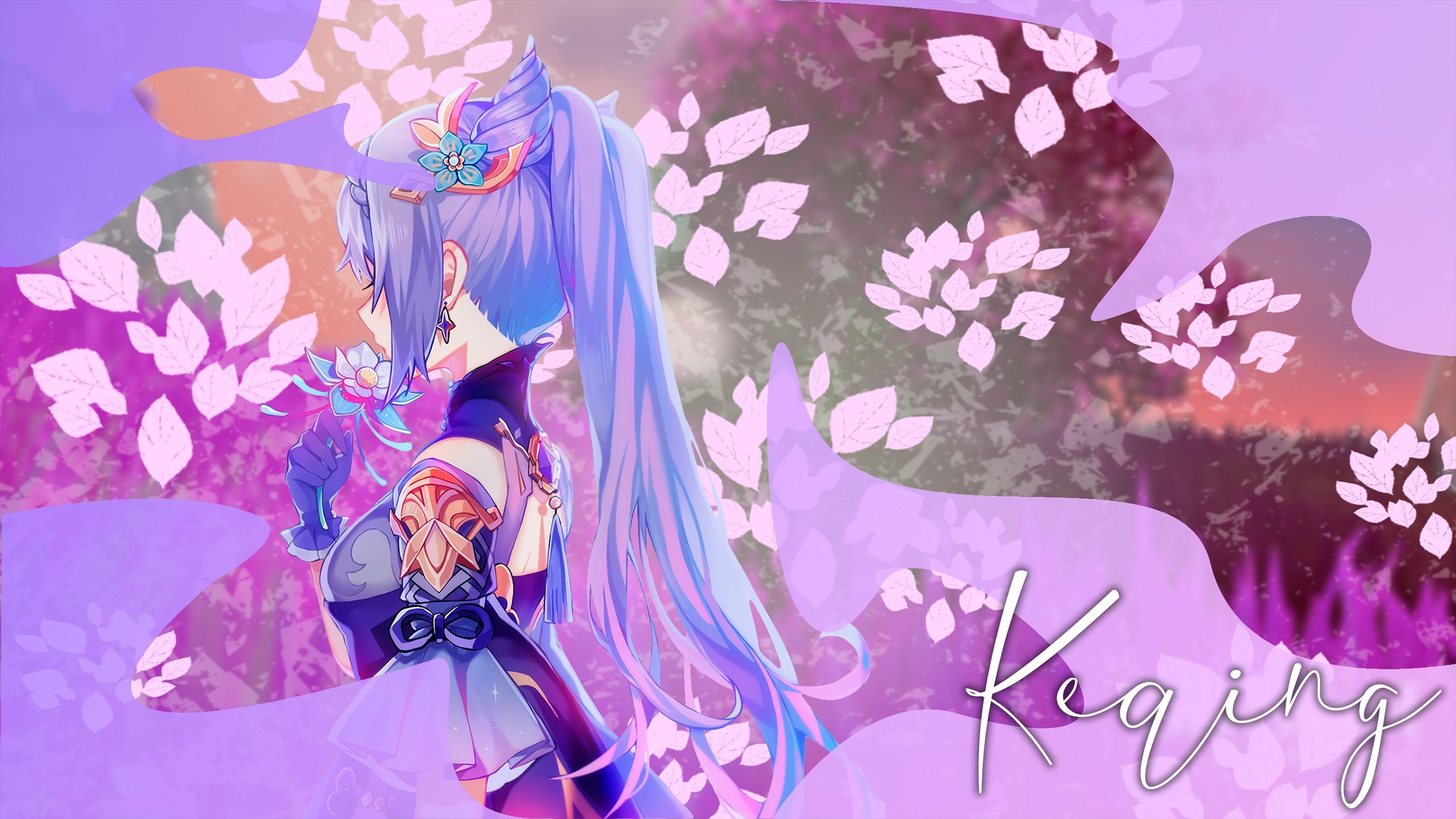 Free download wallpaper Flower, Video Game, Long Hair, Purple Hair, Genshin Impact, Keqing (Genshin Impact) on your PC desktop