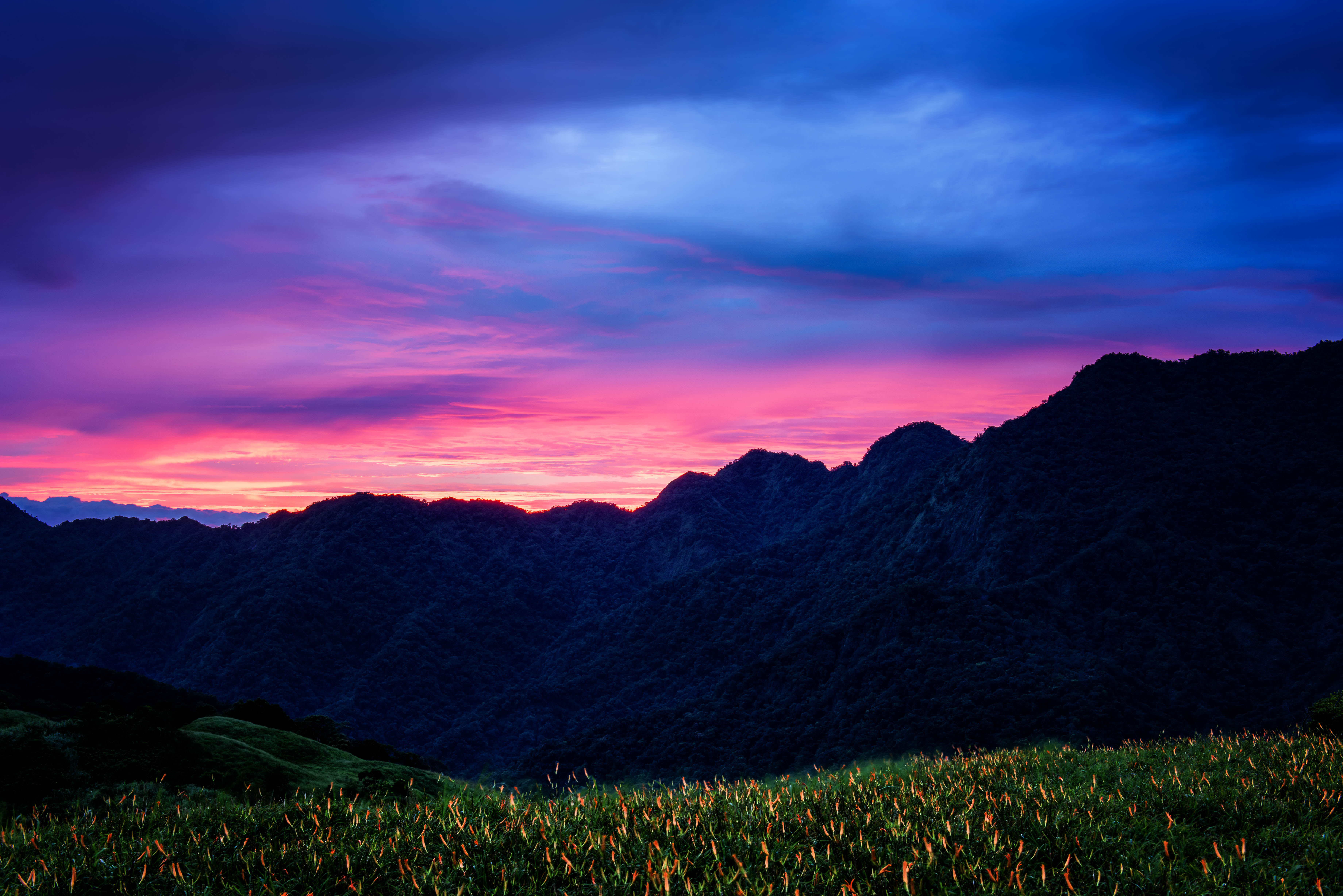 Handy-Wallpaper Natur, Mountains, Clouds, Taiwan, Blumen, Sunset kostenlos herunterladen.
