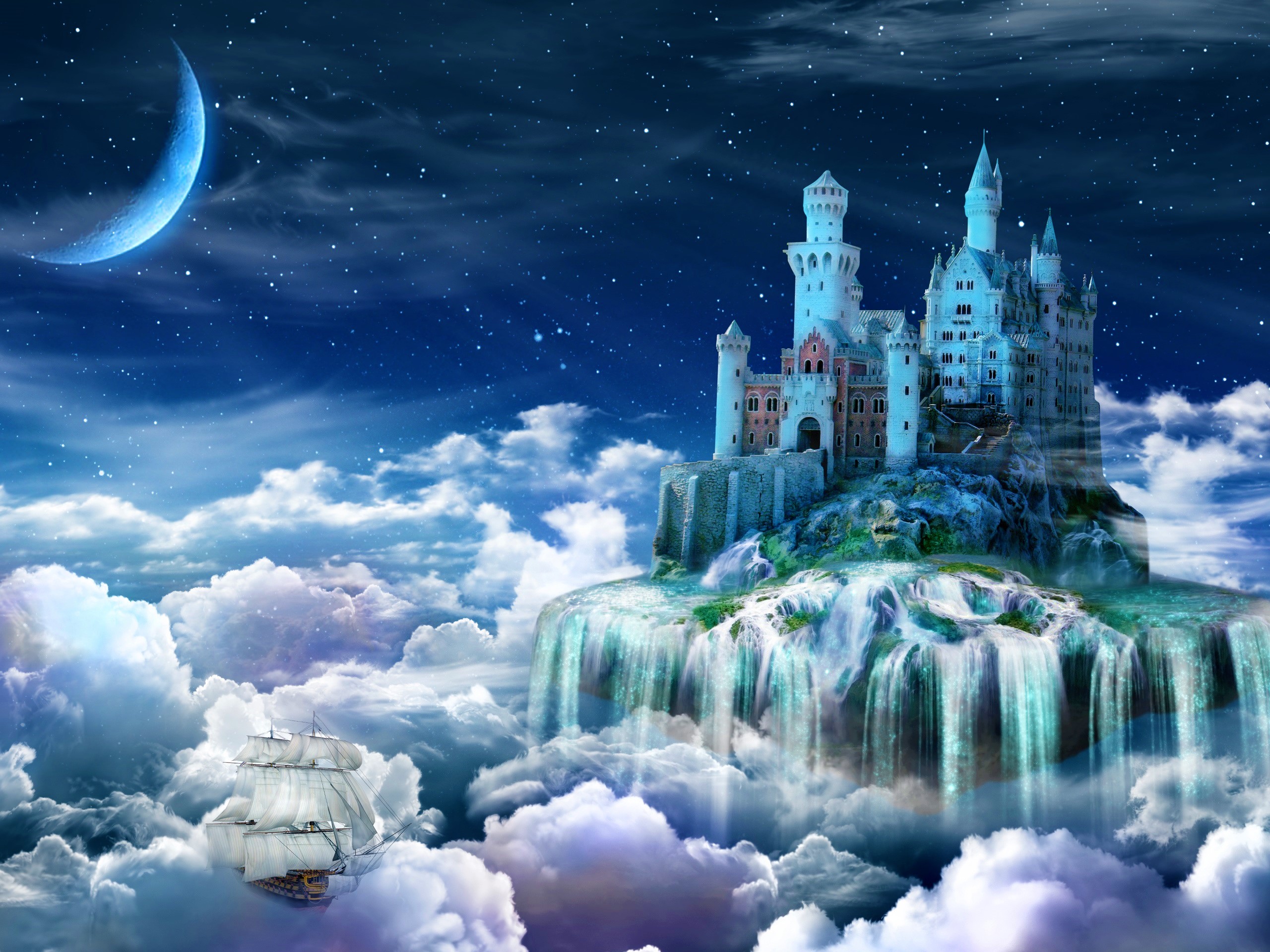 Free download wallpaper Fantasy, Stars, Moon, Castles, Sailboat, Cloud, Castle on your PC desktop