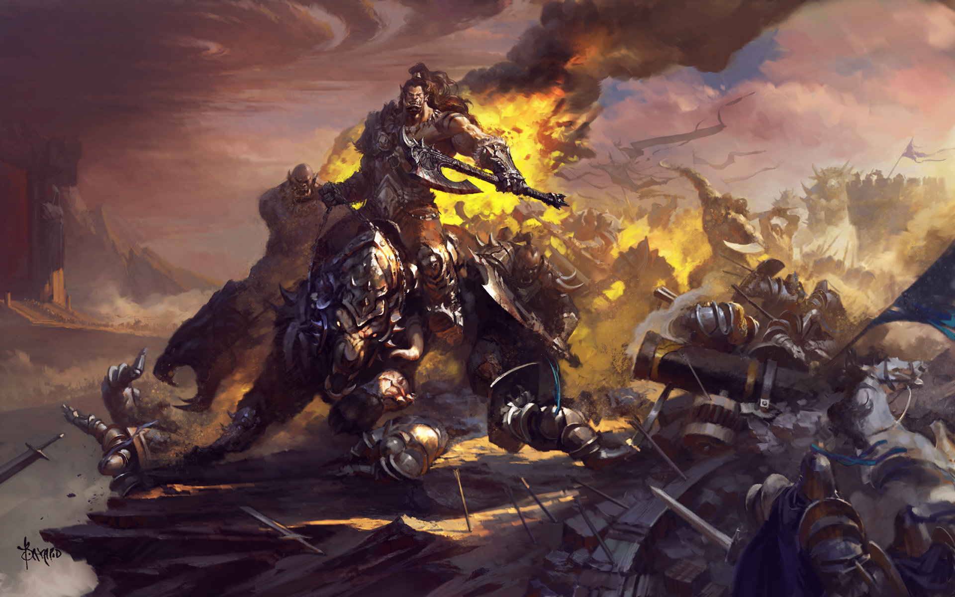 Free download wallpaper Fantasy, Warrior, Creature, Battle, Axe, Armor, Orc on your PC desktop