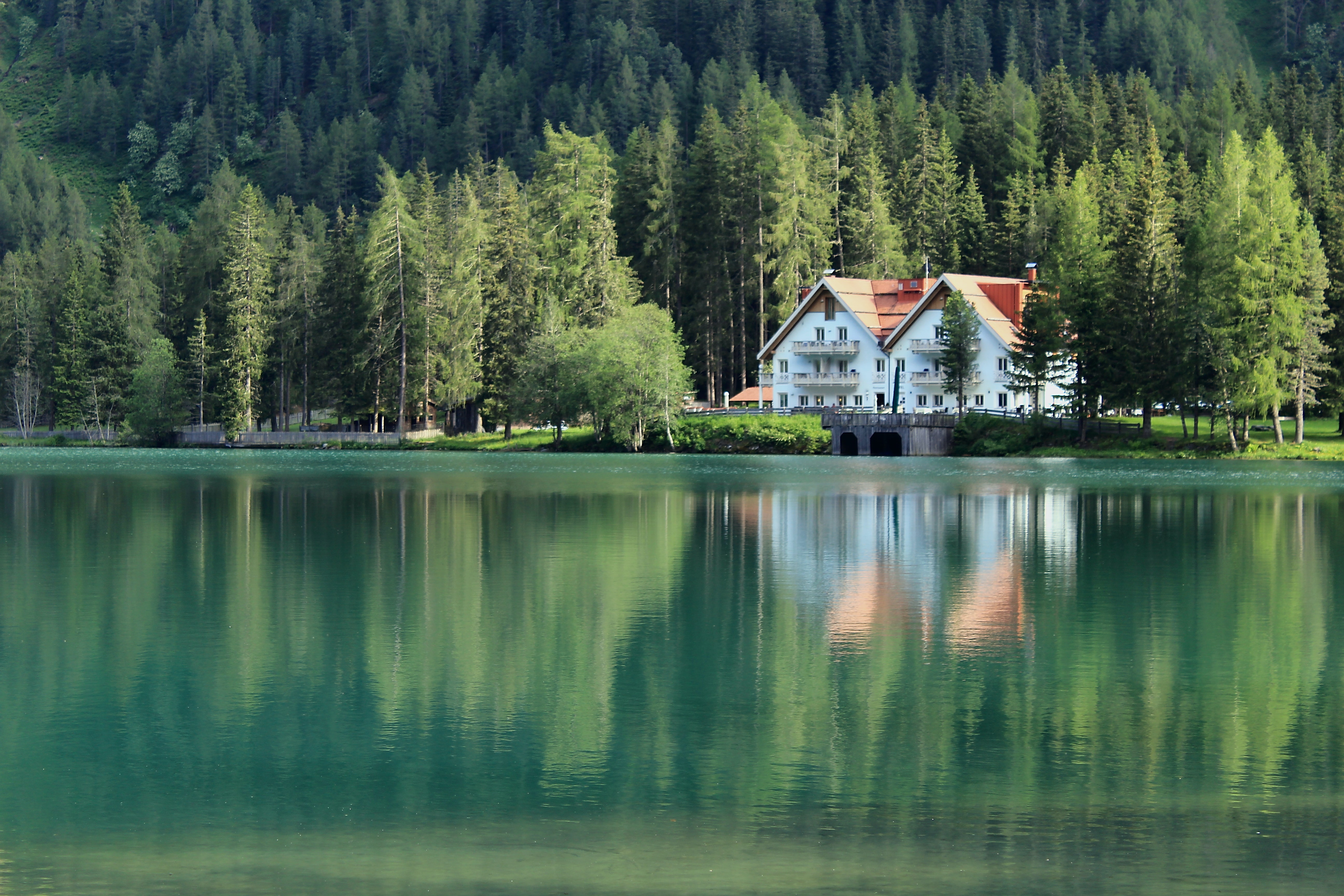 Download mobile wallpaper Reflection, Lake, Forest, Nature, Building for free.