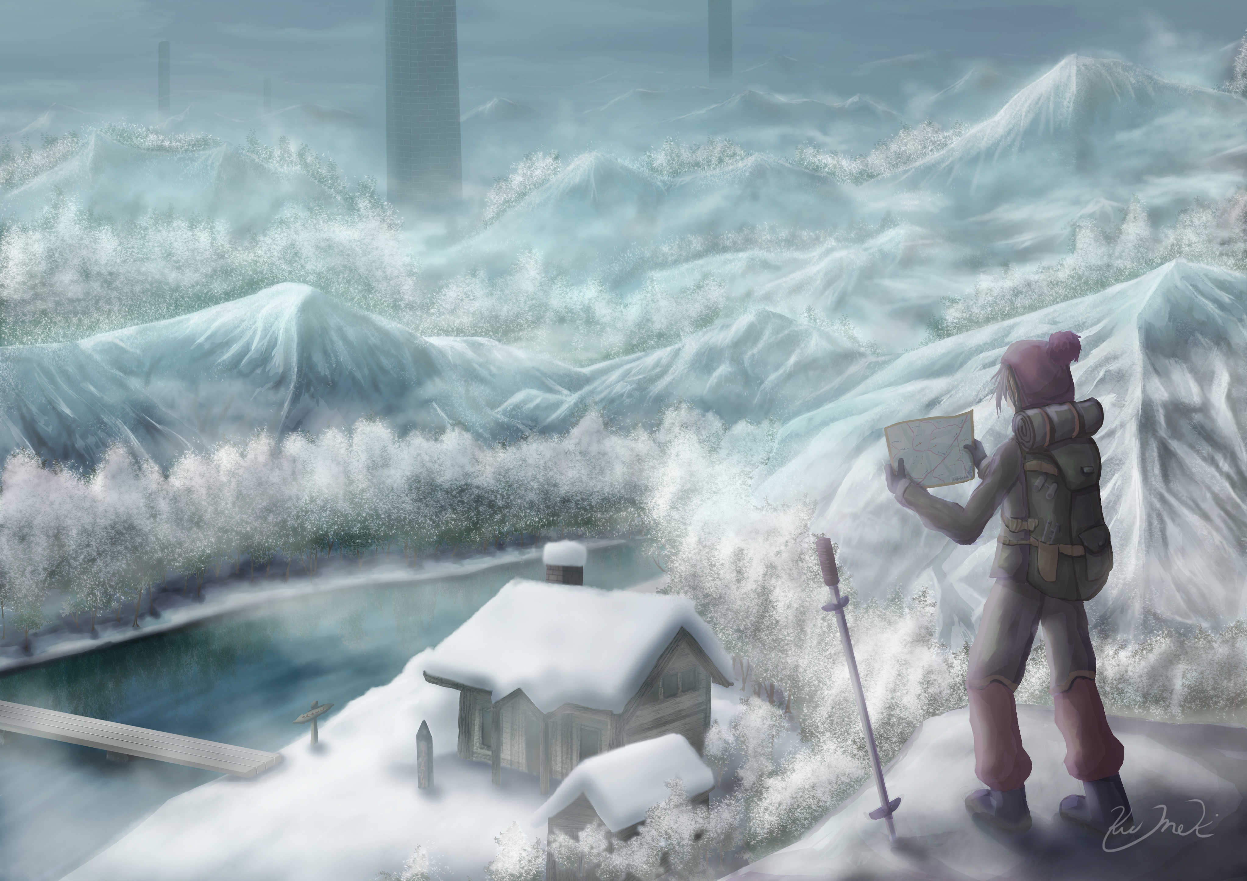 Download mobile wallpaper Anime, Winter, Snow, Building, Mountain, House, Adventure for free.