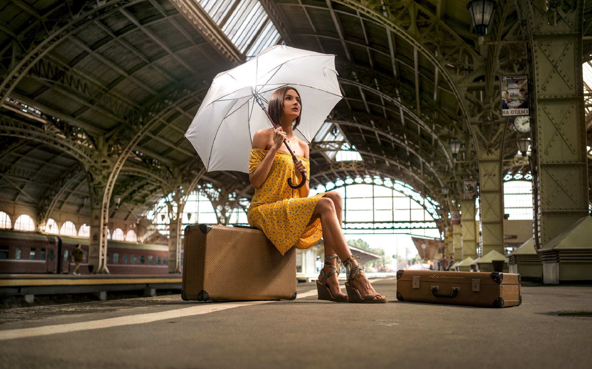 Download mobile wallpaper Umbrella, Dress, Brunette, Model, Women, Suitcase for free.