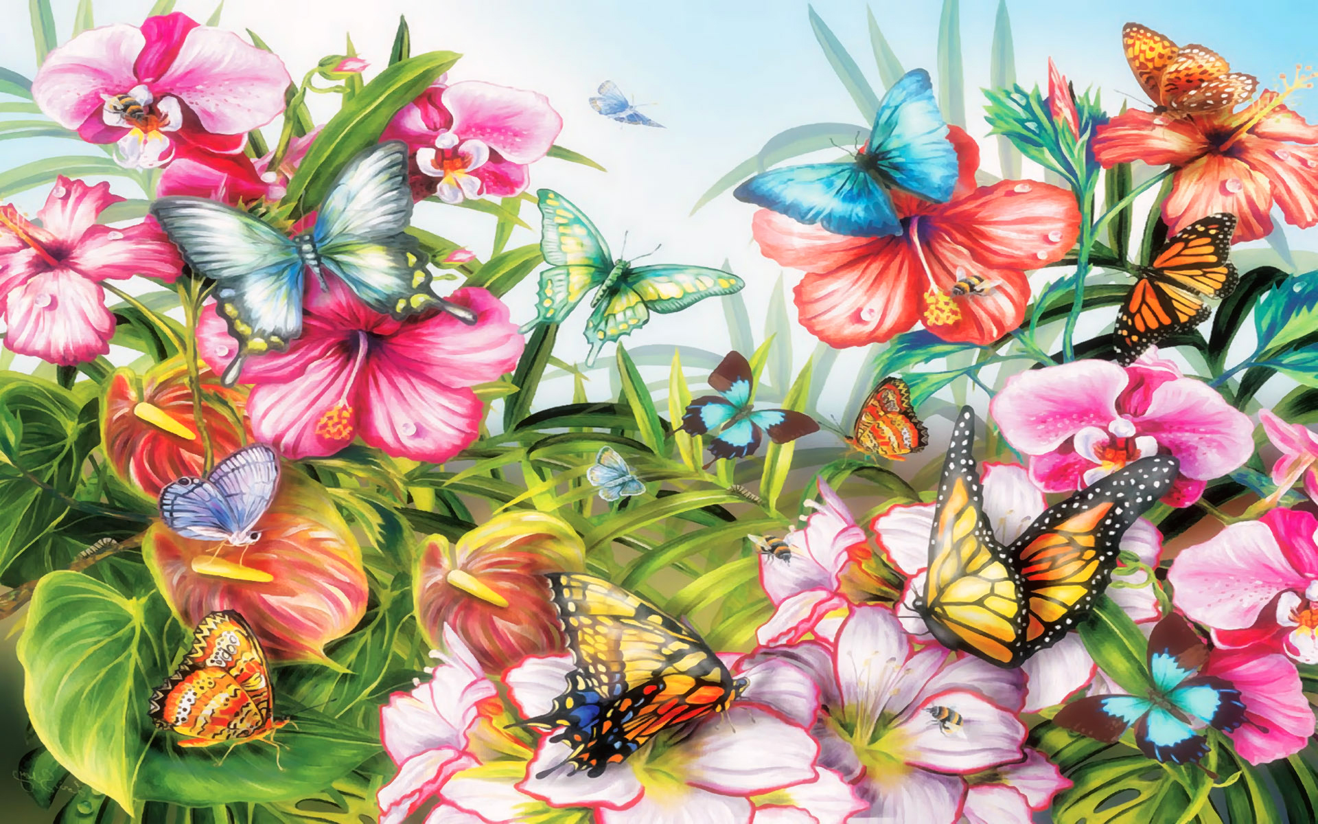 Скачать обои бесплатно Цветок, Бабочка, Весна, Художественные картинка на рабочий стол ПК