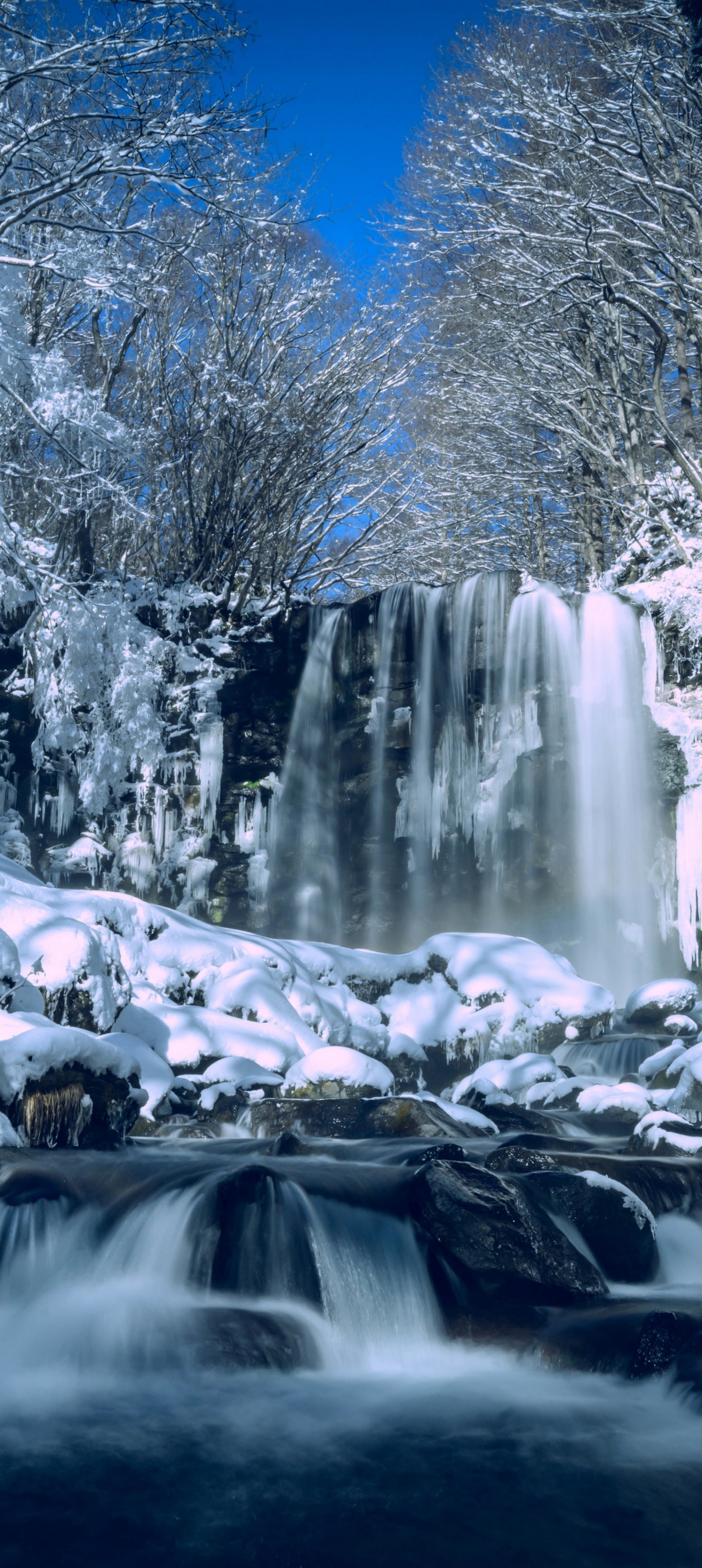 Download mobile wallpaper Winter, Waterfalls, Waterfall, Earth, Japan for free.