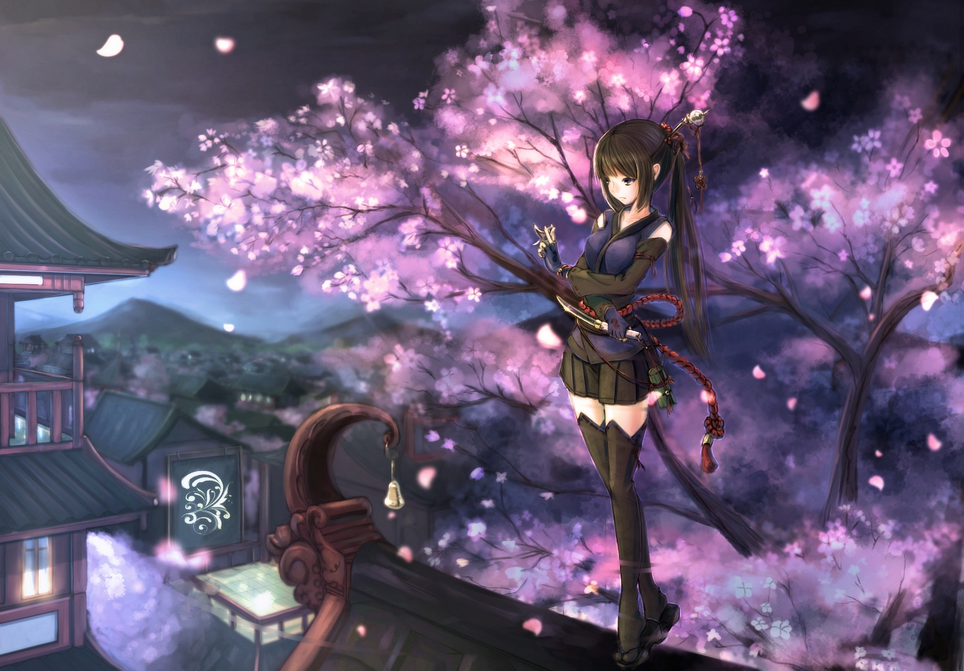 732599 descargar fondo de pantalla animado, original, pelo negro, pelo largo, flor de sakura, mujer guerrera: protectores de pantalla e imágenes gratis