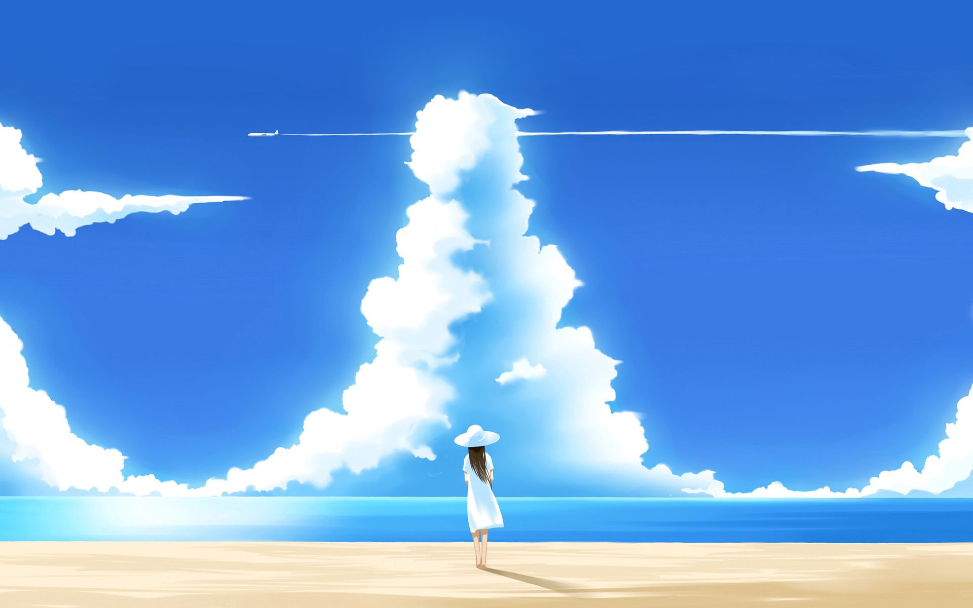 girl, anime, beach, figure, hat