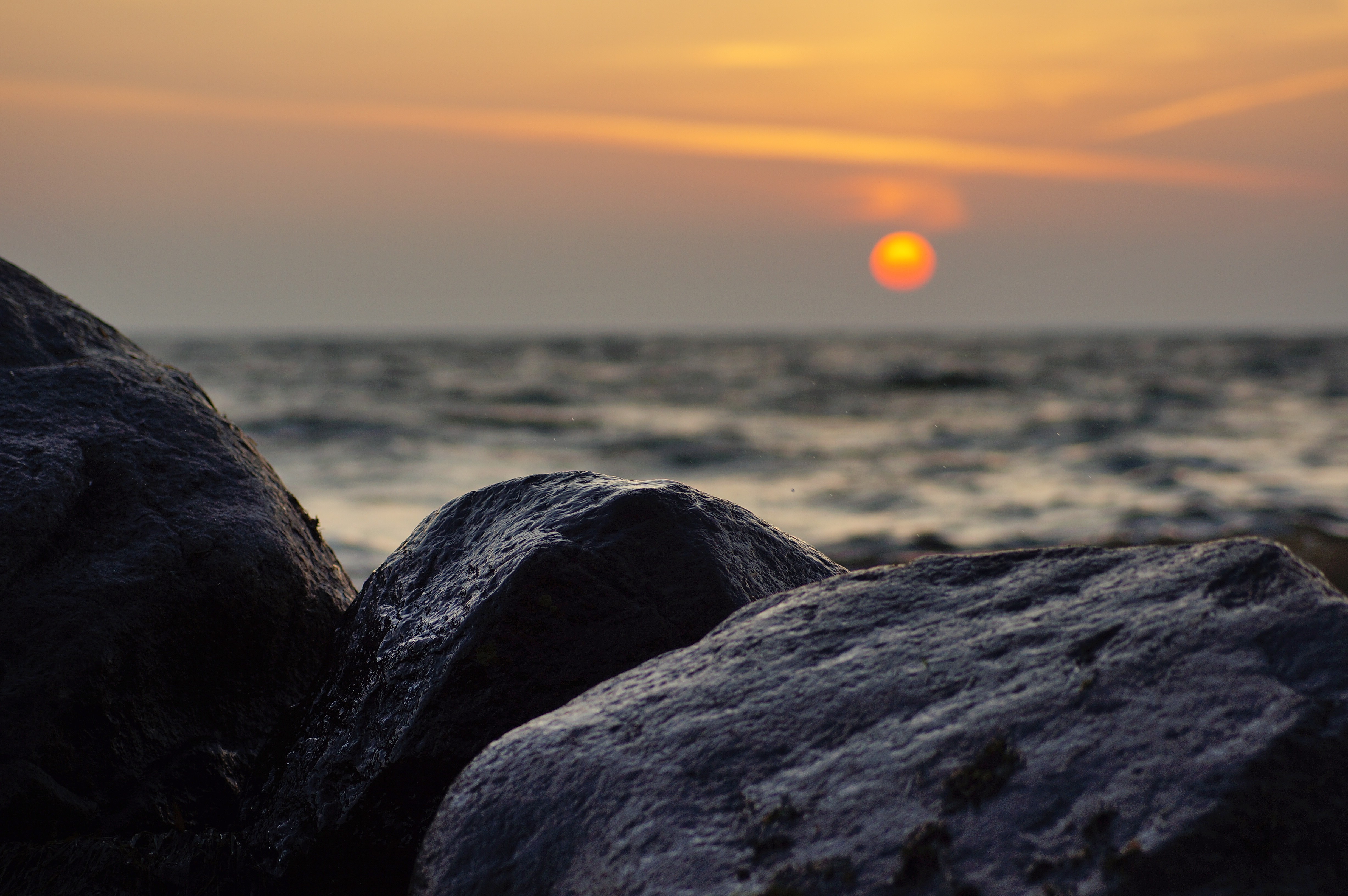 smooth, blur, nature, sunset, stones, sea, rocks Desktop Wallpaper