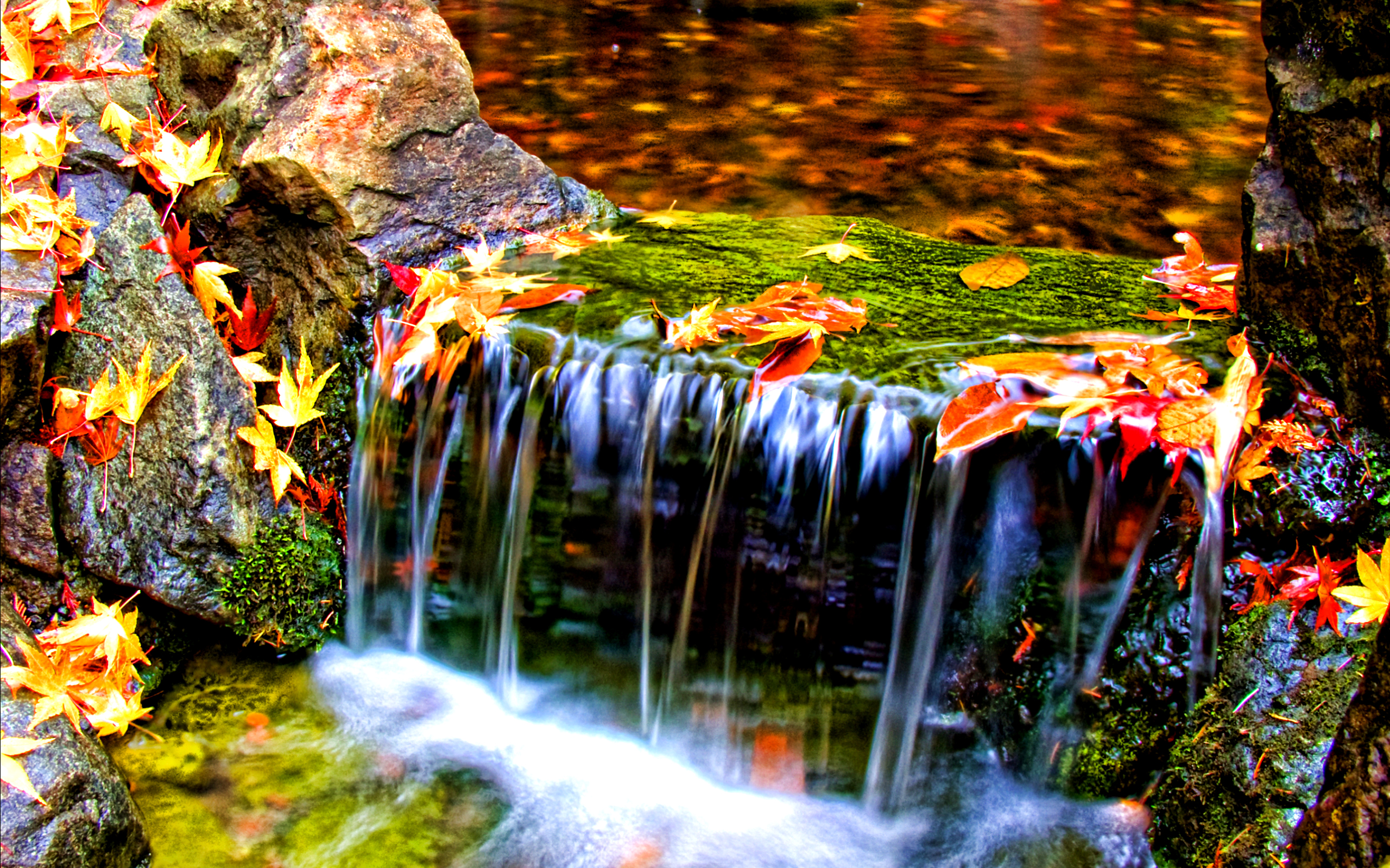 Download mobile wallpaper Stream, Leaf, Water, Waterfall, Fall, Nature, Earth for free.