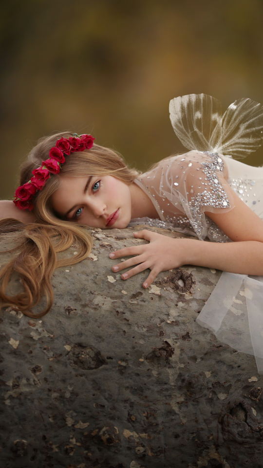Download mobile wallpaper Wings, Hair, Child, Wreath, Photography, White Dress for free.