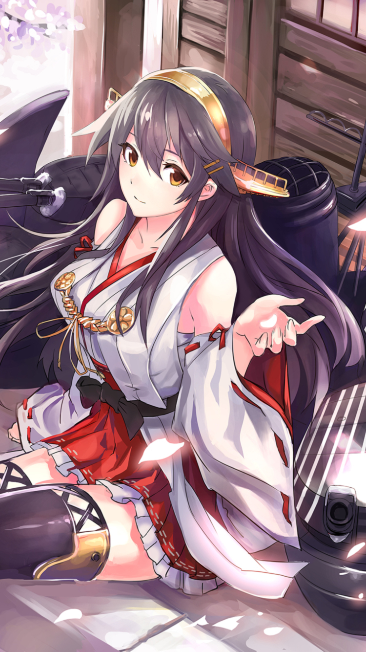 Download mobile wallpaper Anime, Yellow Eyes, Blossom, Long Hair, Purple Hair, Kantai Collection, Traditional Costume, Haruna (Kancolle) for free.