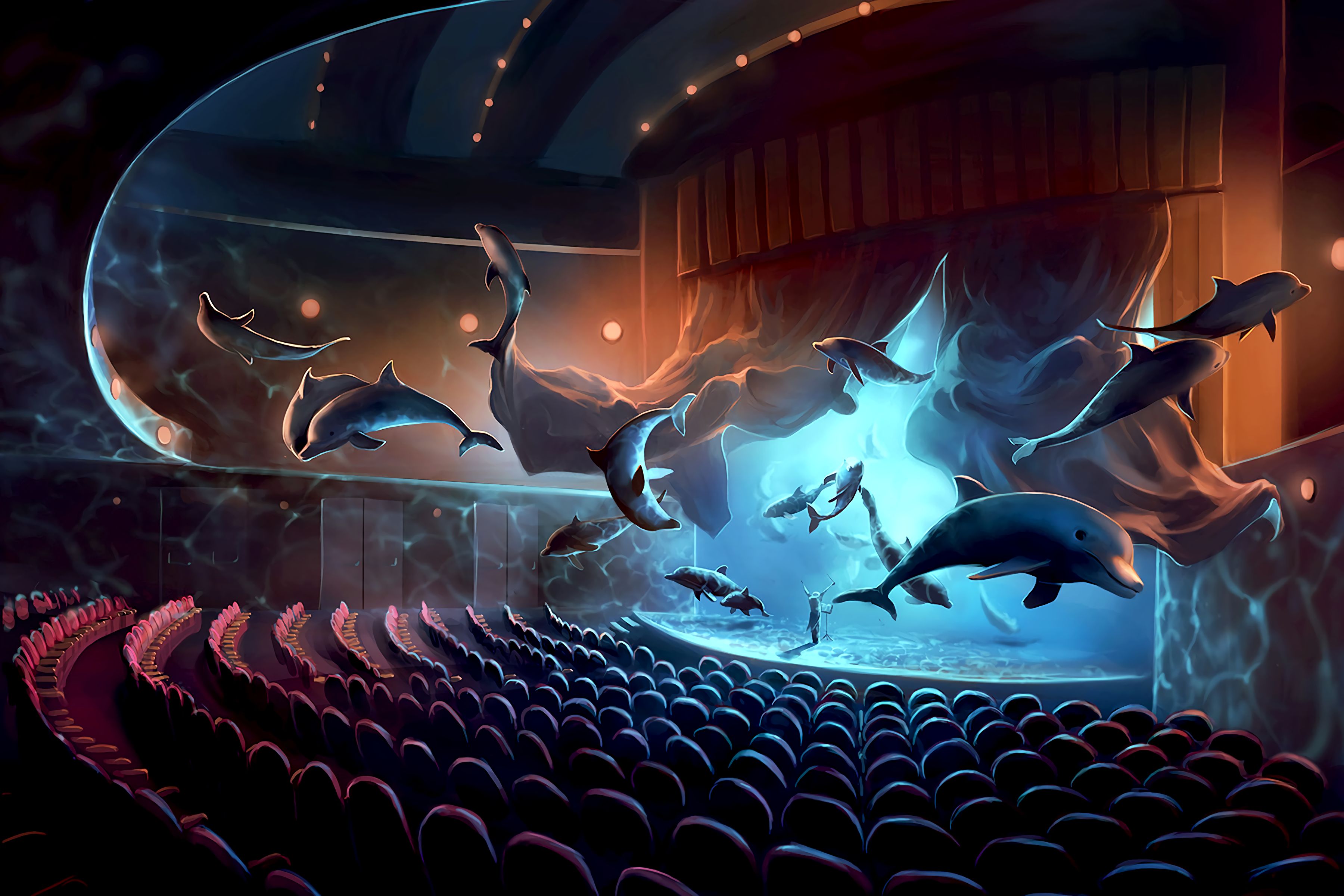 53843 descargar imagen surrealismo, delfines, arte, músico, concierto: fondos de pantalla y protectores de pantalla gratis