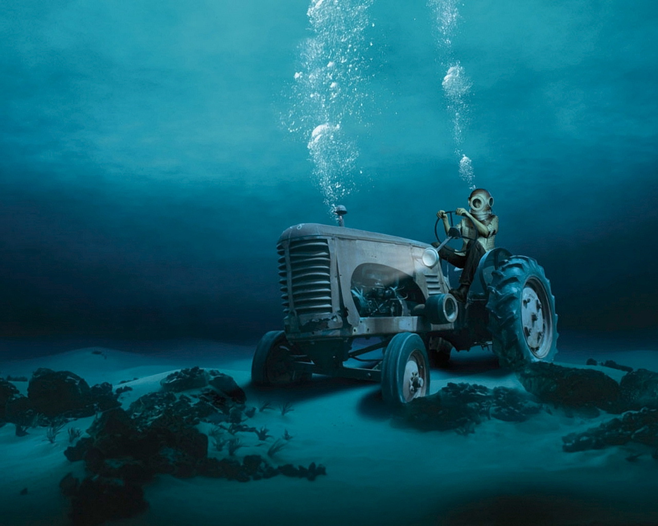 1516629 скачать обои трактор, художественные, подводный, дайвер - заставки и картинки бесплатно