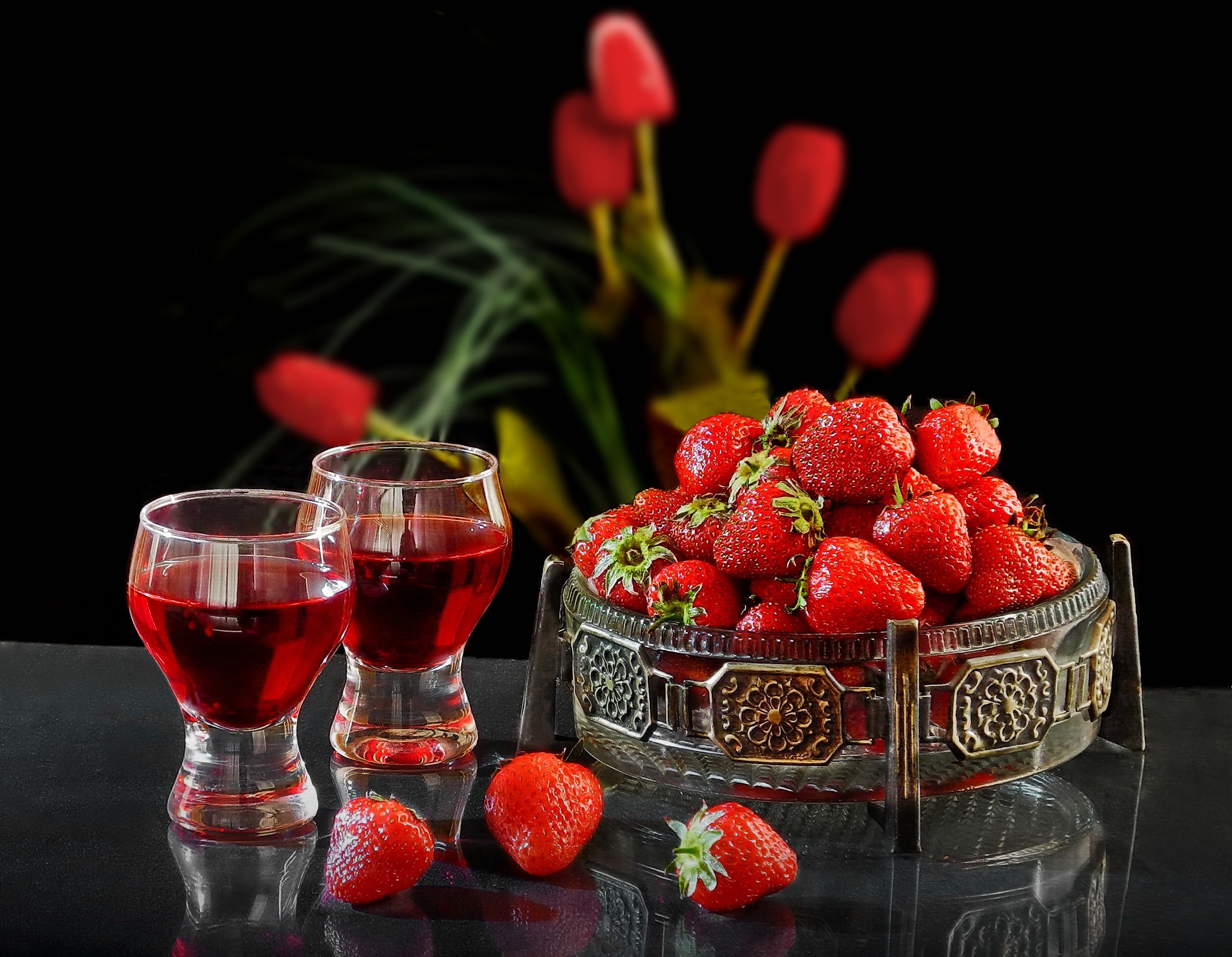 Download mobile wallpaper Fruits, Food, Strawberry, Still Life, Fruit, Drink for free.